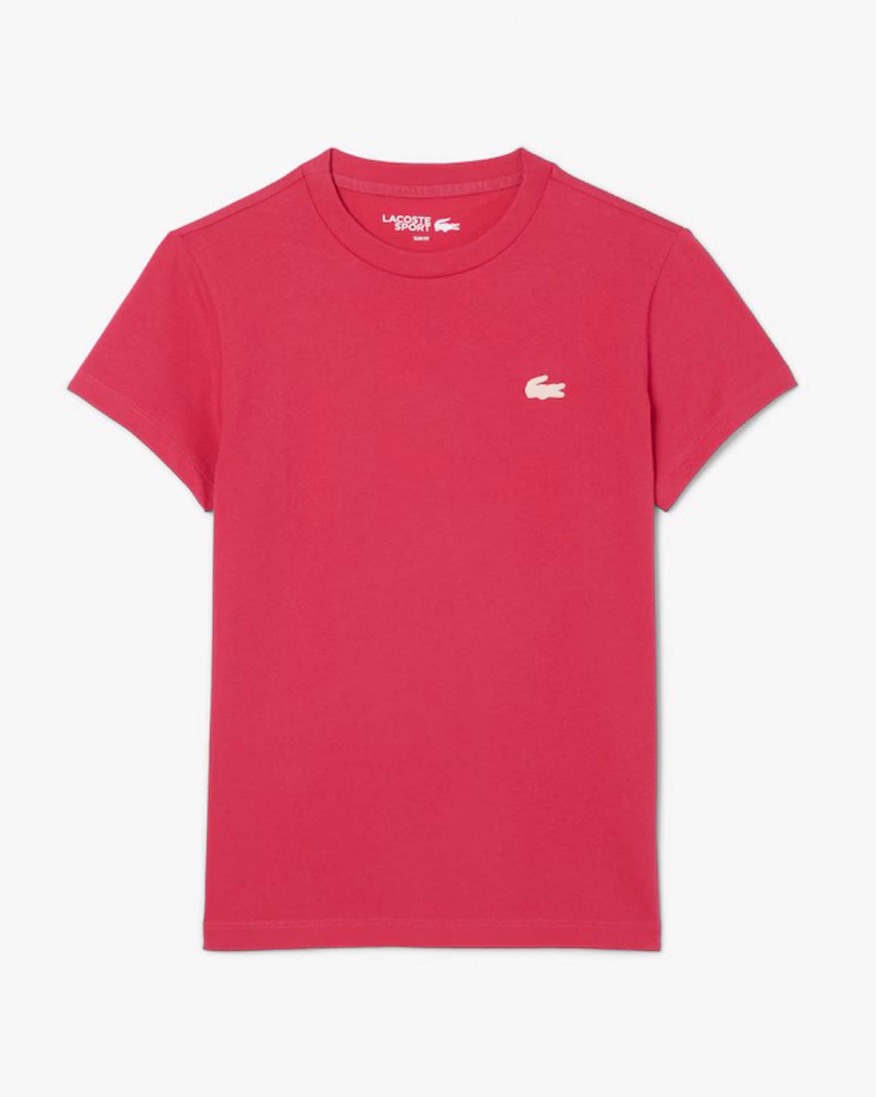 T-shirt fucsia Lacoste in cotone stretch con scollo tondo e logo bianco gommato cucito sul petto