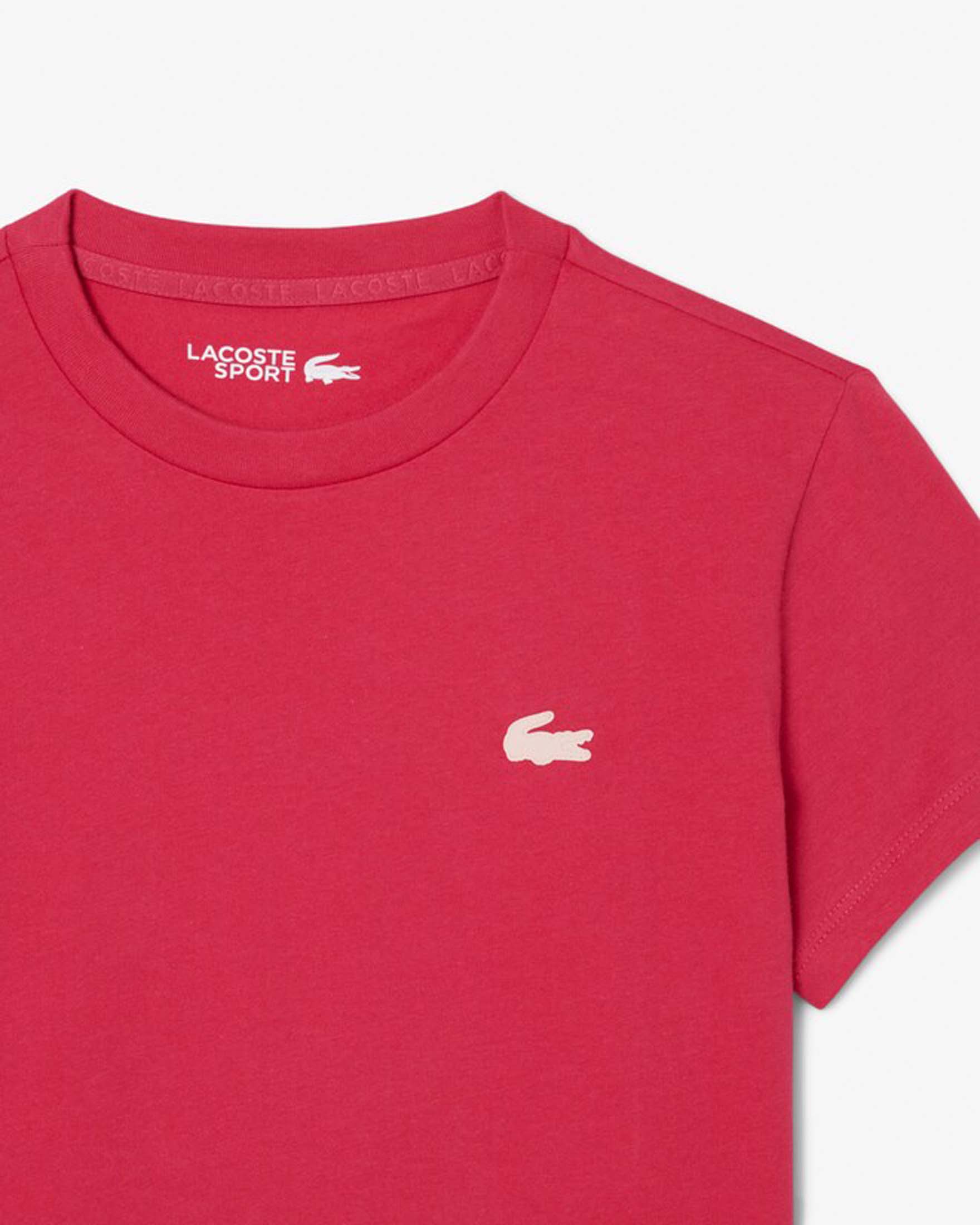 T-shirt fucsia Lacoste in cotone stretch con scollo tondo e logo bianco gommato cucito sul petto image