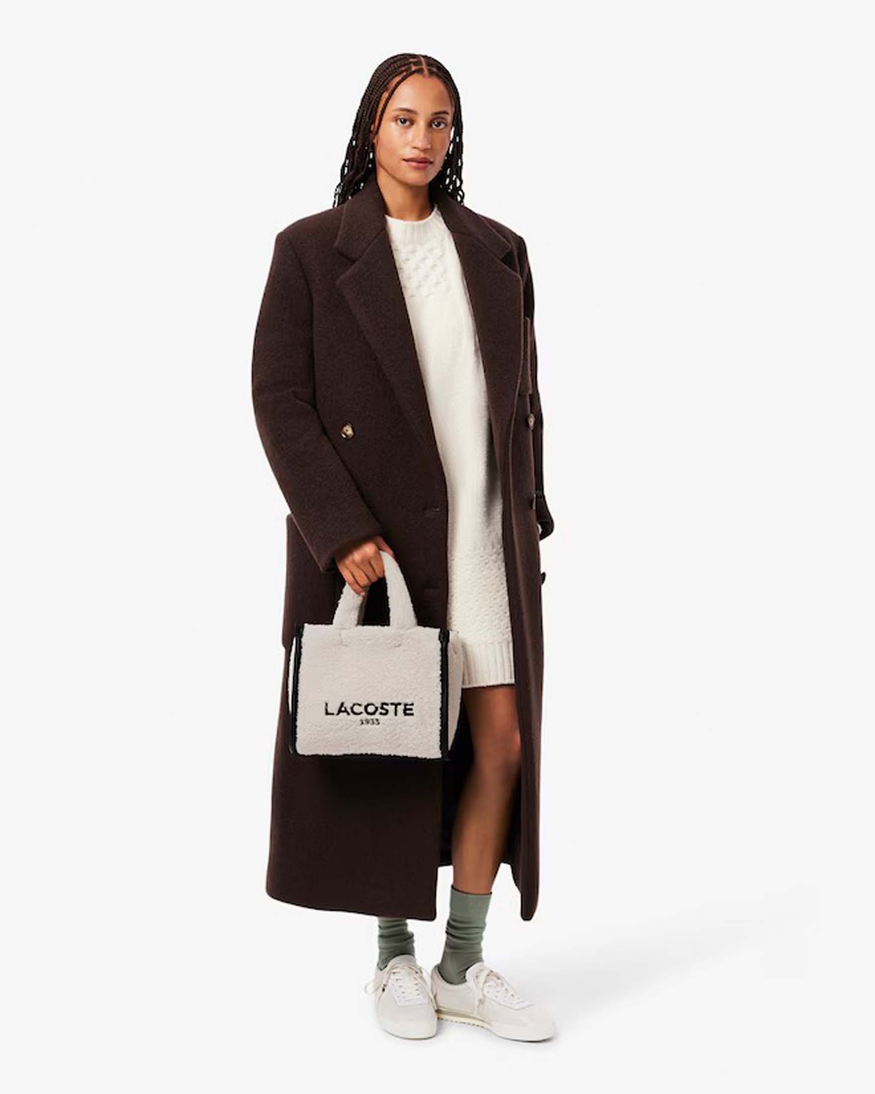 Borsa a mano avorio Lacoste in tessuto teddy con scritta logo a contrasto