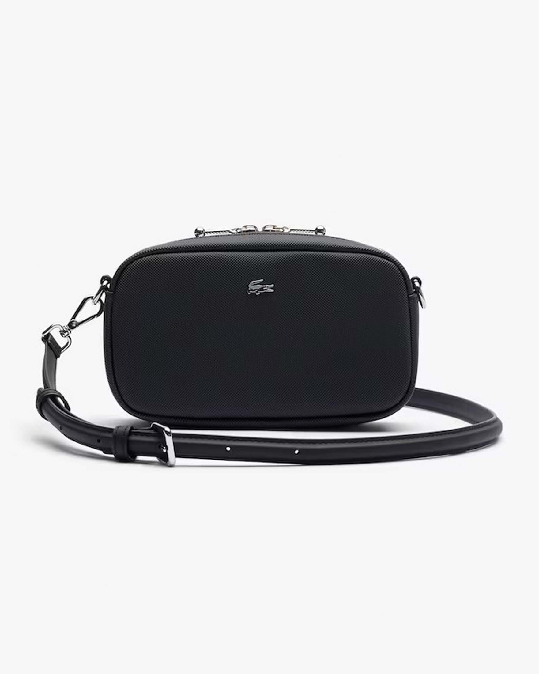 Borsa nera a tracolla Lacoste in materiale effetto piquet con coccodrillo logo argento sul davanti