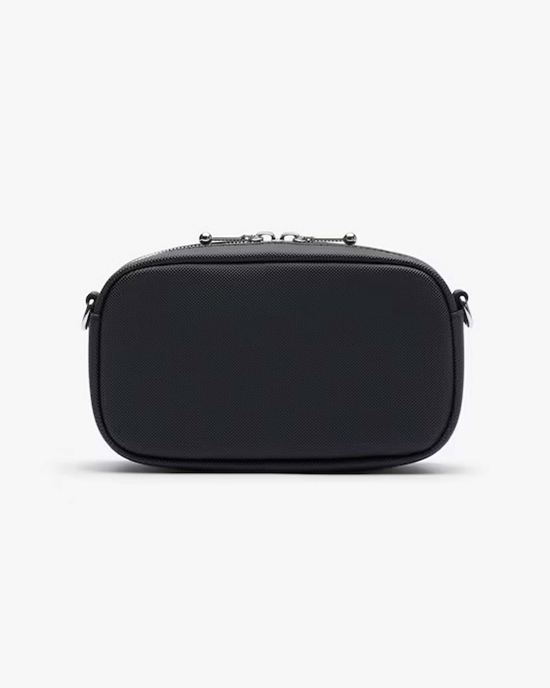 Borsa nera a tracolla Lacoste in materiale effetto piquet con coccodrillo logo argento sul davanti