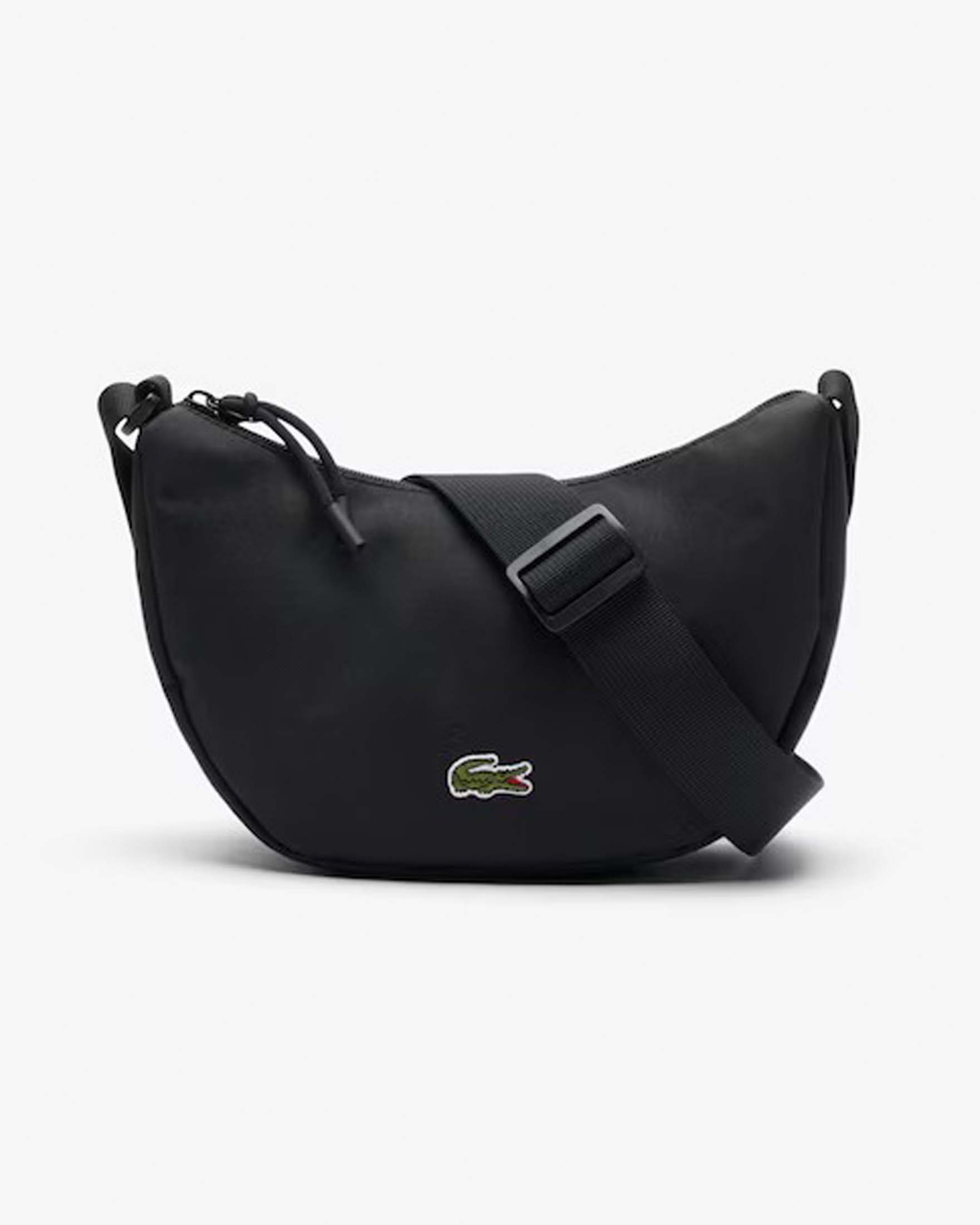 Borsa piccola nera a mezza luna Lacoste in nylon con logo applicato sul davanti e tracolla in tessuto