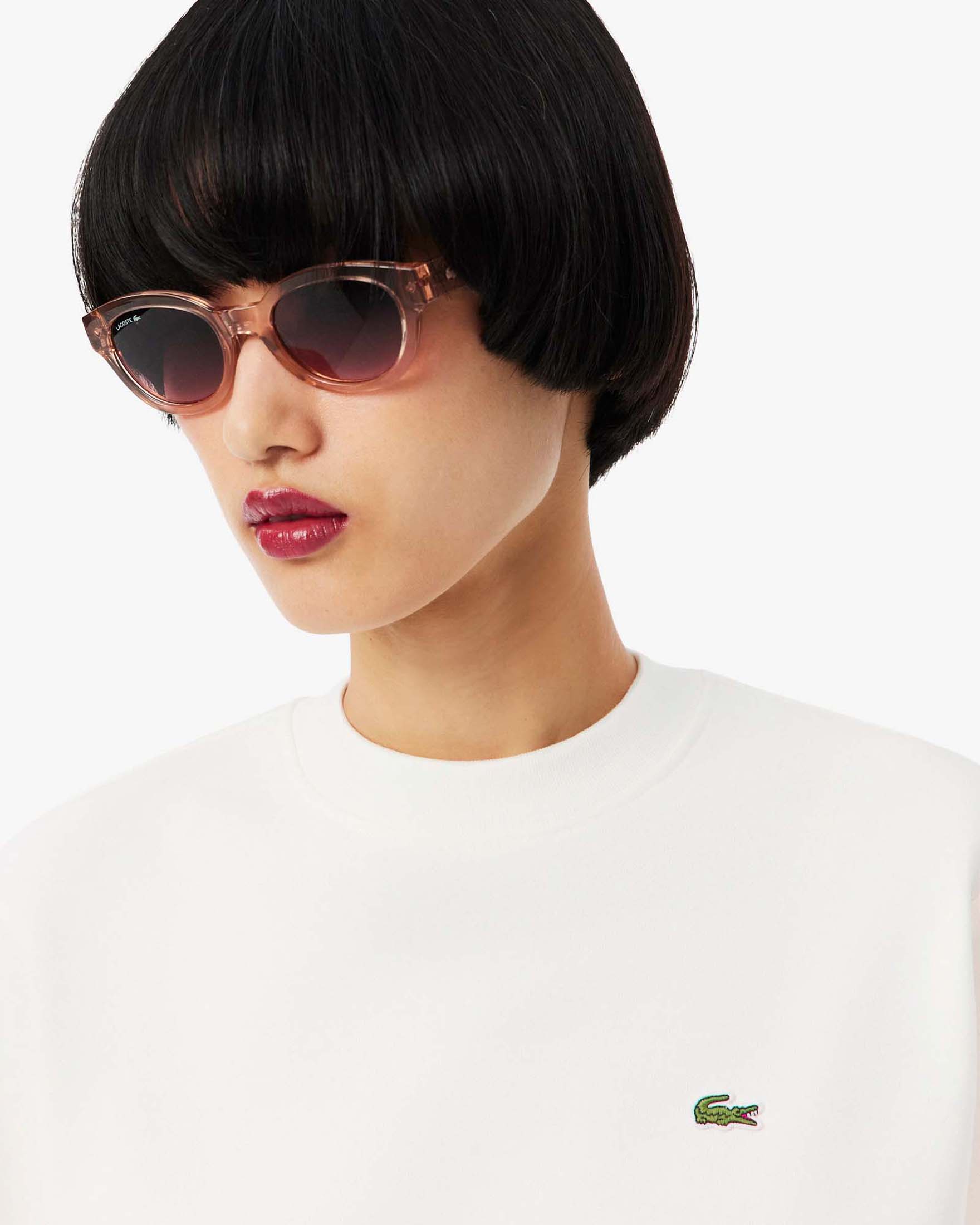 Felpa girocollo color panna Lacoste relaxed fit in cotone garzato con logo cucito sul petto a contrasto di colore image