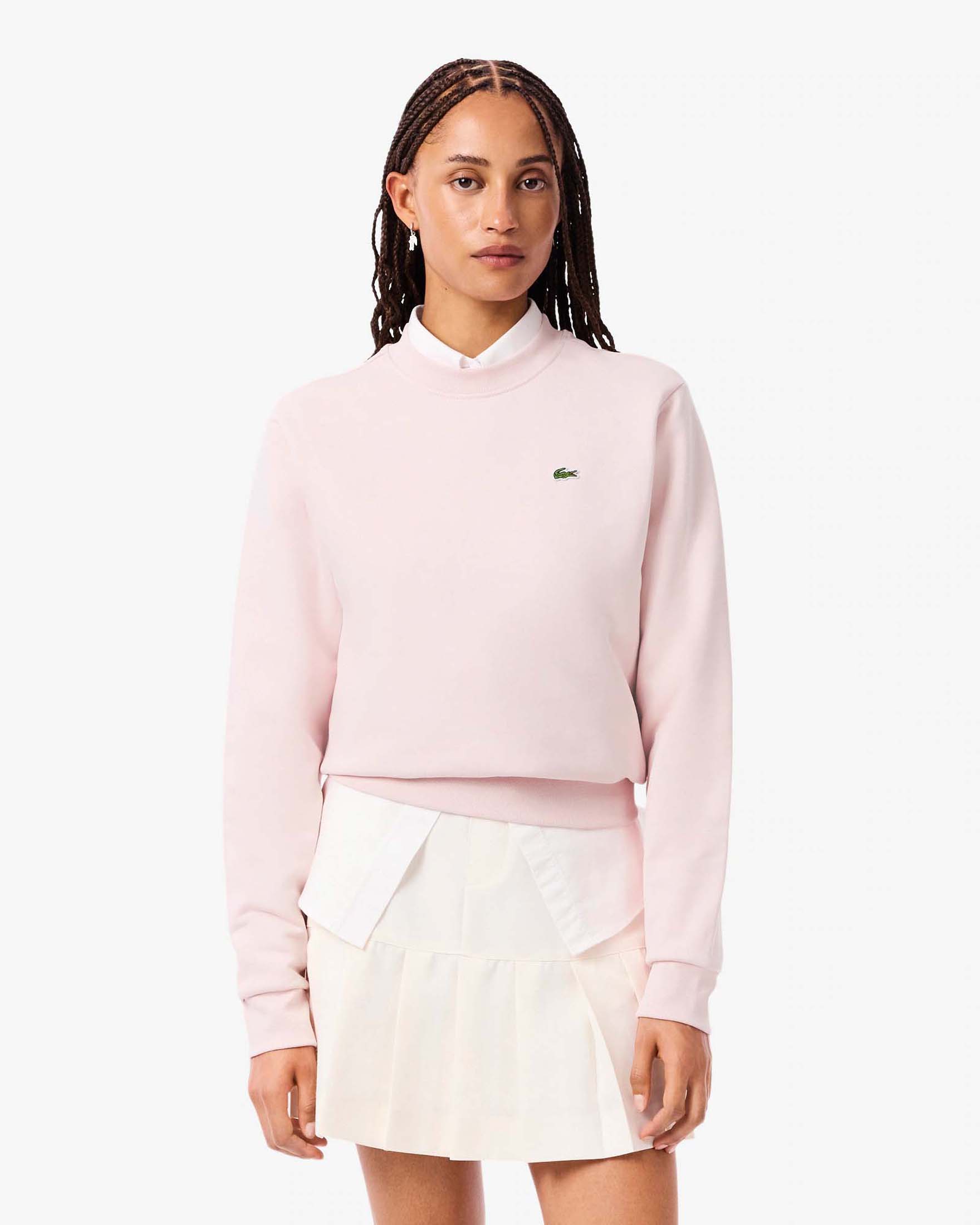 Felpa girocollo rosa Lacoste relaxed fit in cotone garzato con logo cucito sul petto a contrasto di colore