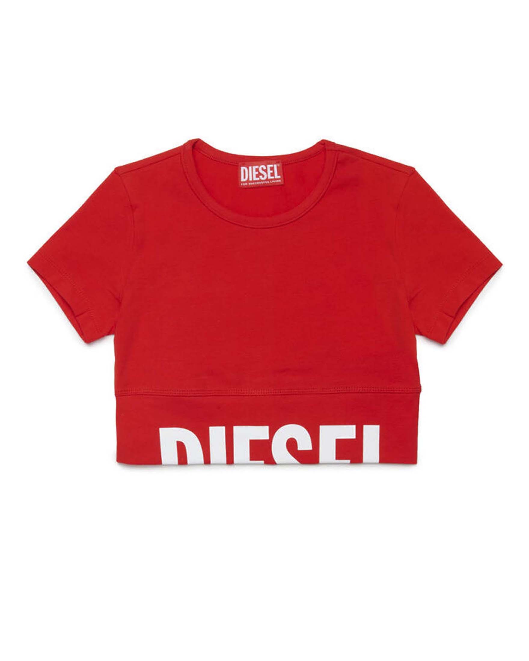 T-shirt cropped rossa con scritta logo bianca
