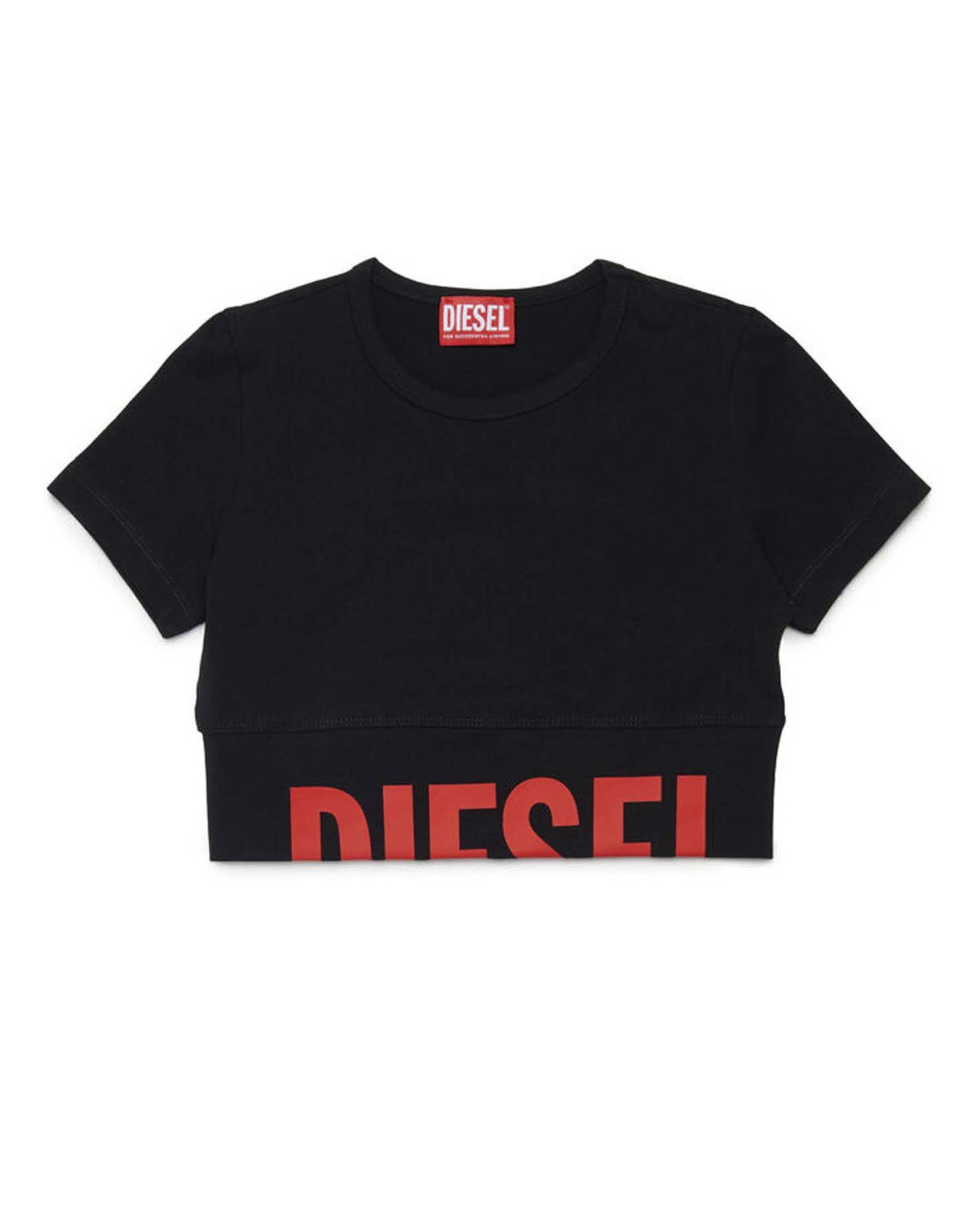 T-shirt Diesel cropped nera con scritta logo bianca