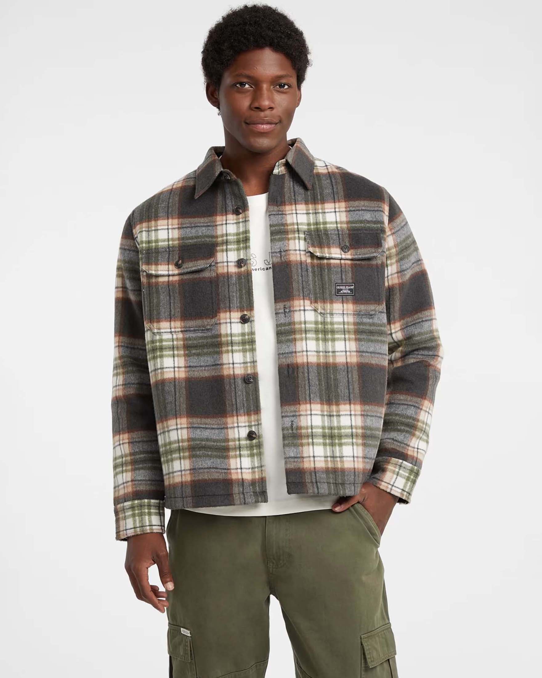 Overshirt Guess Jeans in misto lana a fantasia check grigia arancio e salvia image