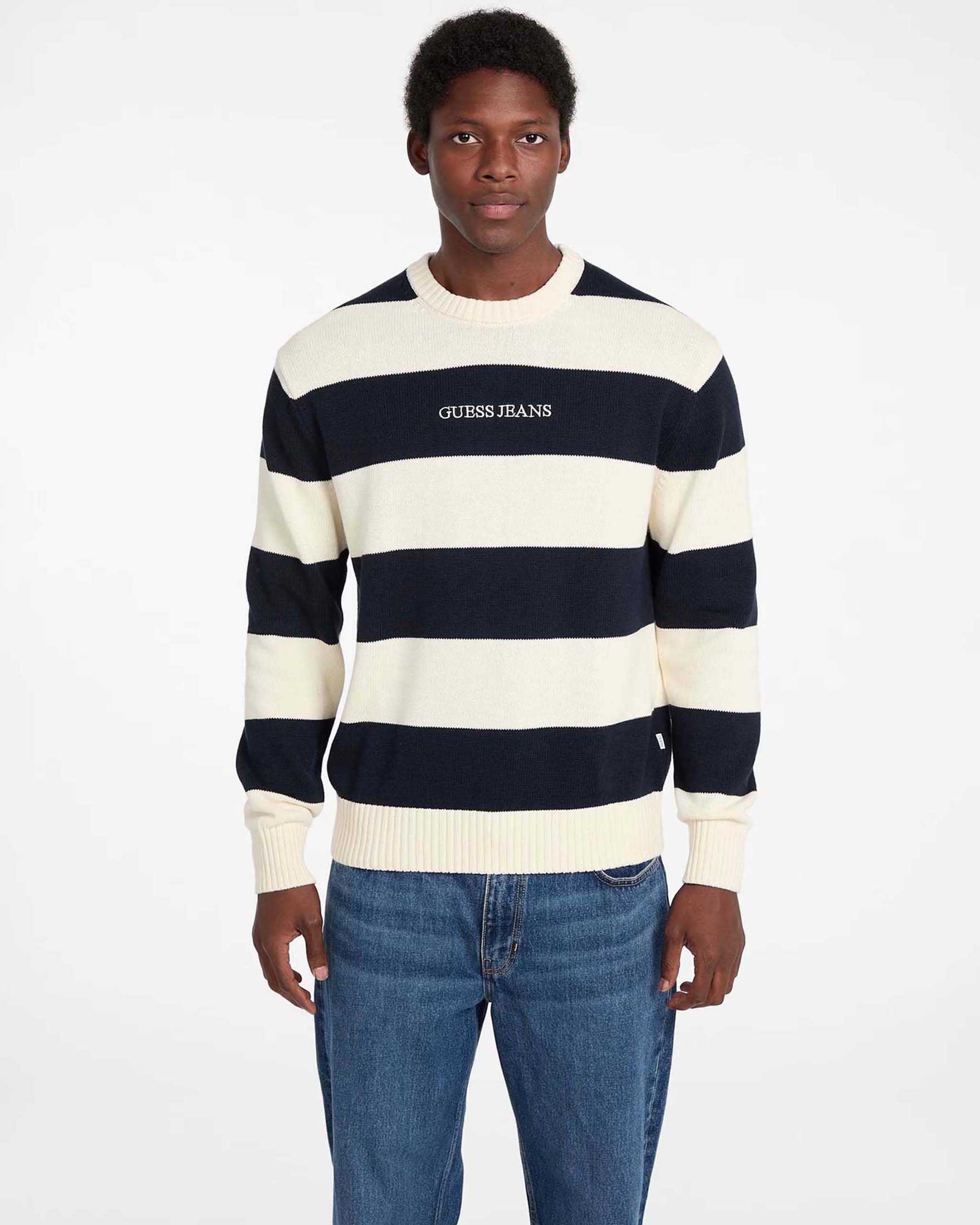 Maglione girocollo Guess Jeans a righe blu e panna in cotone con logo ricamato image