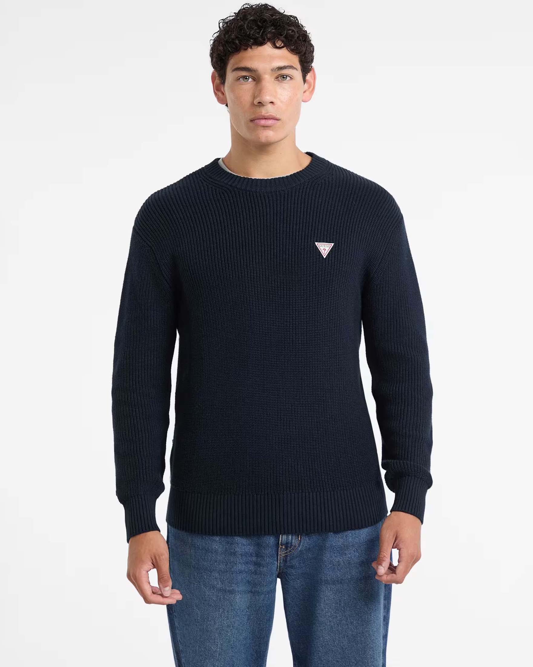 Maglione girocollo Guess Jeans blu in cotone a coste con patch logo triangolo applicata image