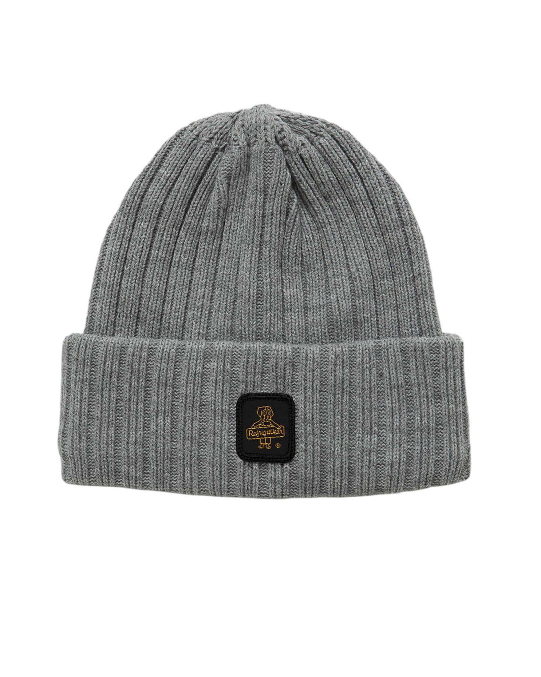 Berretto Regrigiwear grigio lavorato a coste con risvolto e patch porta logo