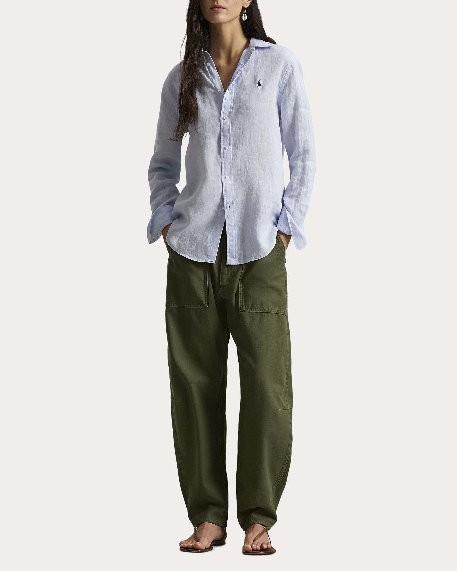 Camicia celeste Polo Ralph Lauren in misto lino e cotone con logo ricamato sul petto a contrasto