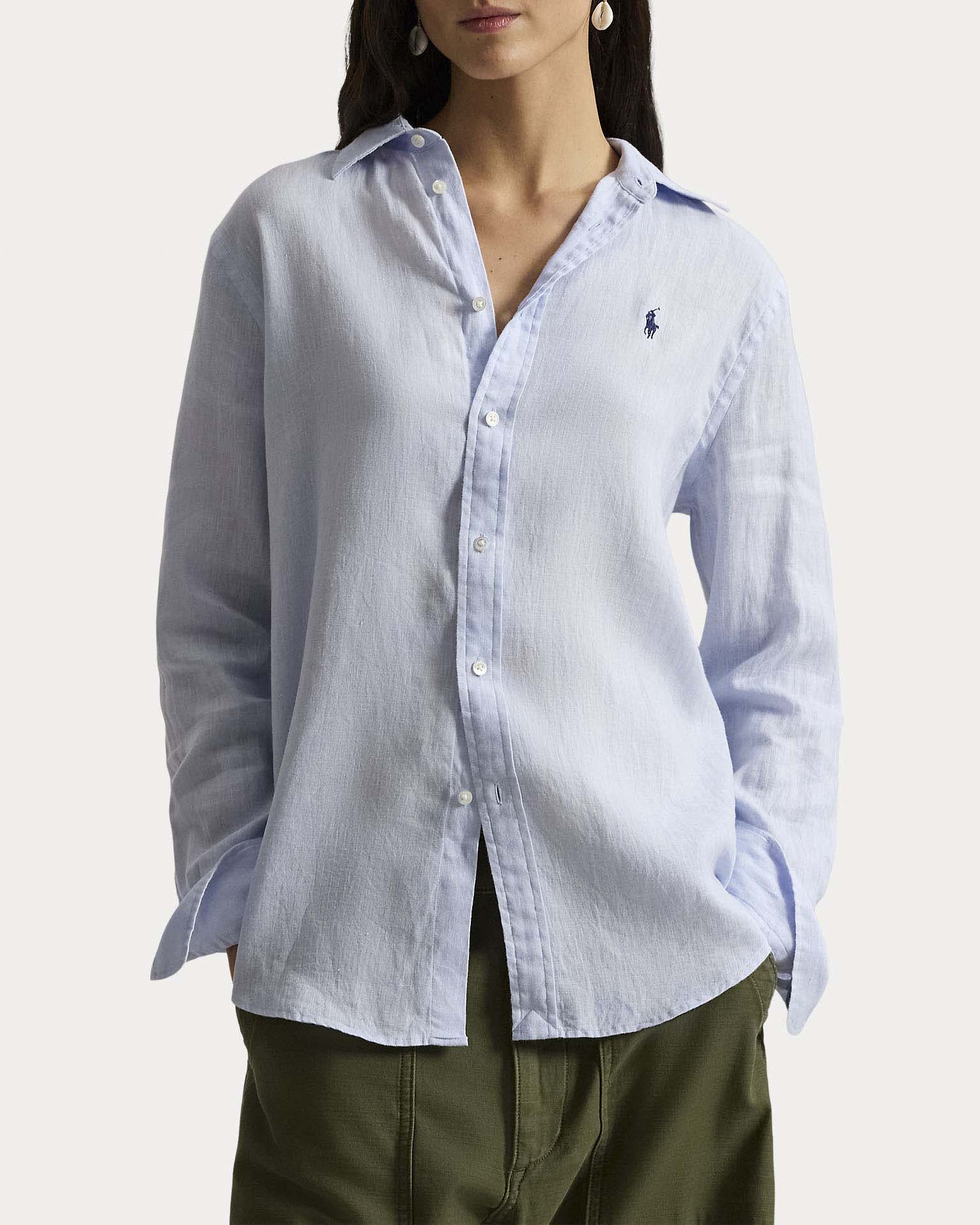 Camicia celeste Polo Ralph Lauren in misto lino e cotone con logo ricamato sul petto a contrasto image