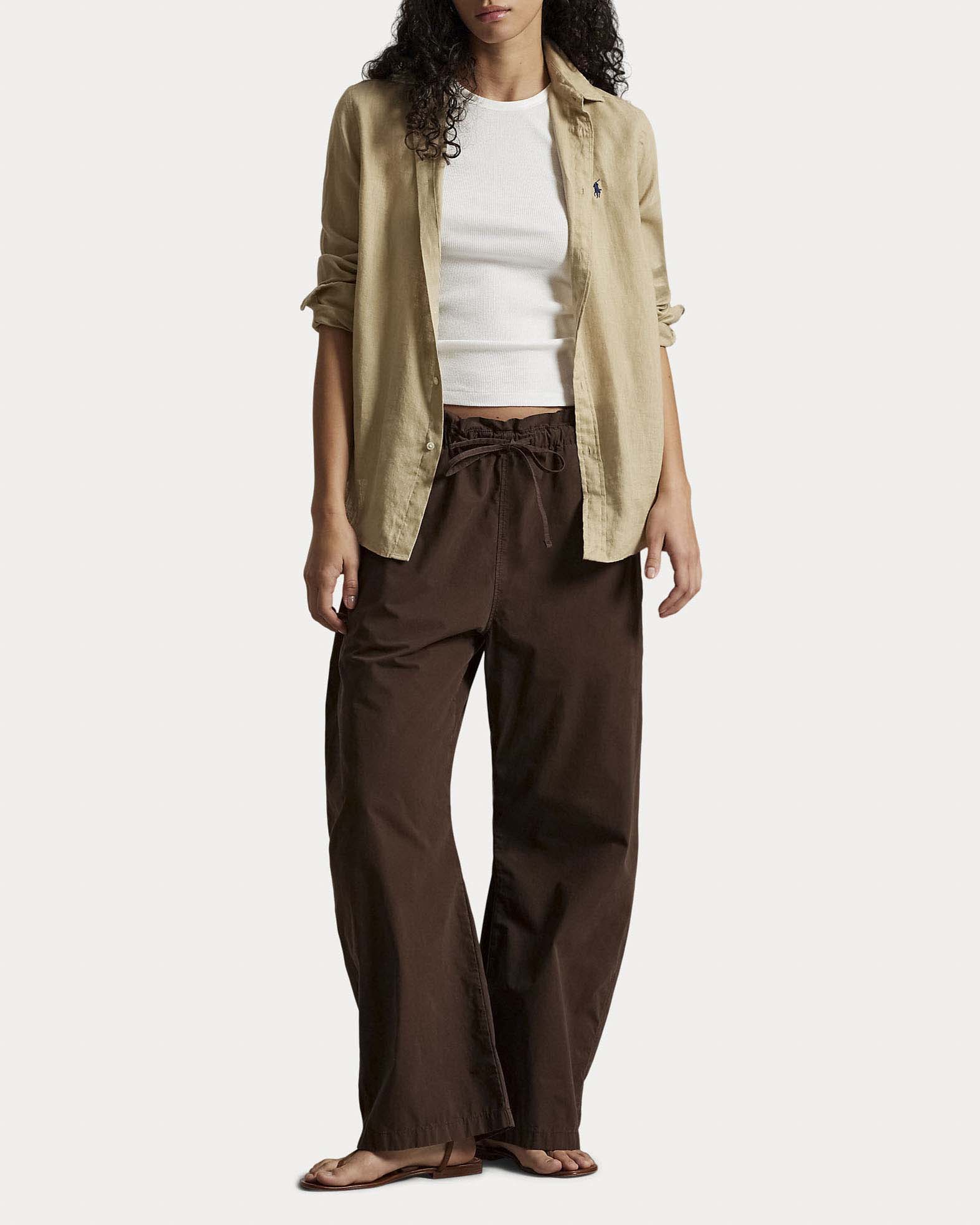 Camicia beige Polo Ralph Lauren in misto lino e cotone con logo ricamato sul petto a contrasto