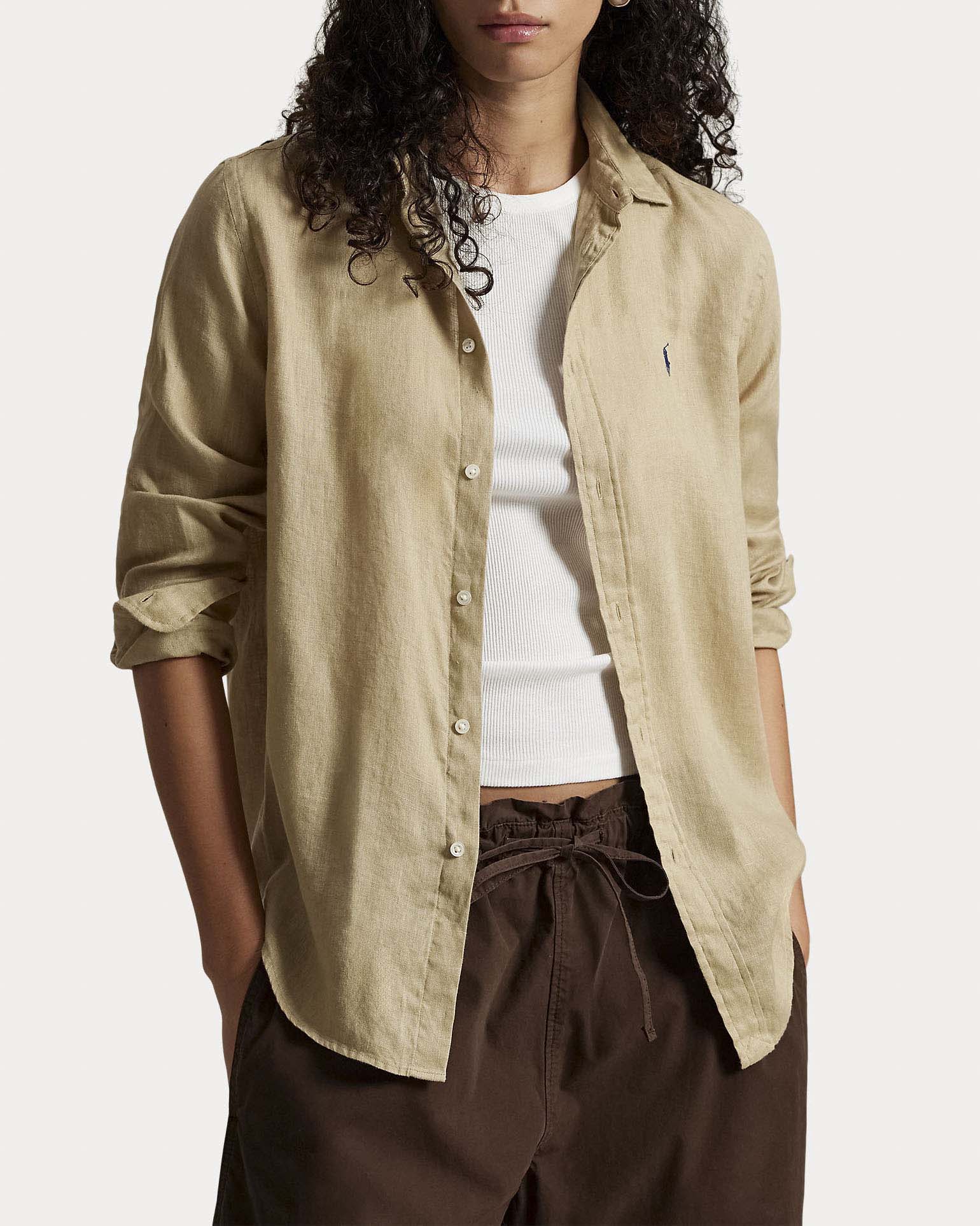 Camicia beige Polo Ralph Lauren in misto lino e cotone con logo ricamato sul petto a contrasto image