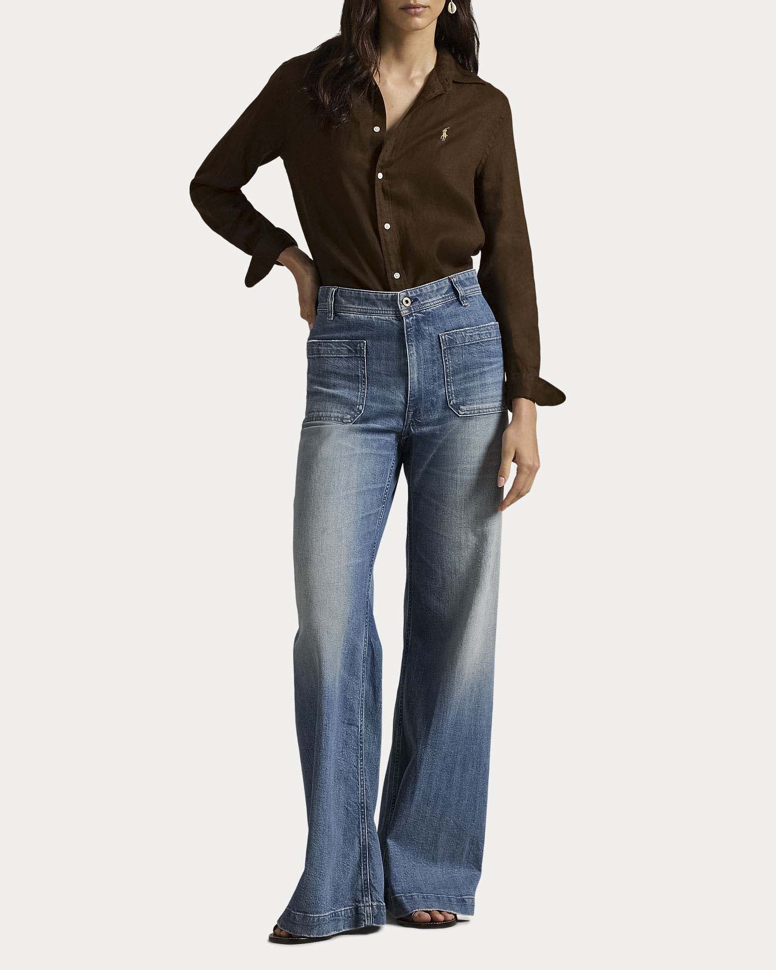 Camicia marrone Polo Ralph Lauren in lino con logo ricamato sul petto a contrasto