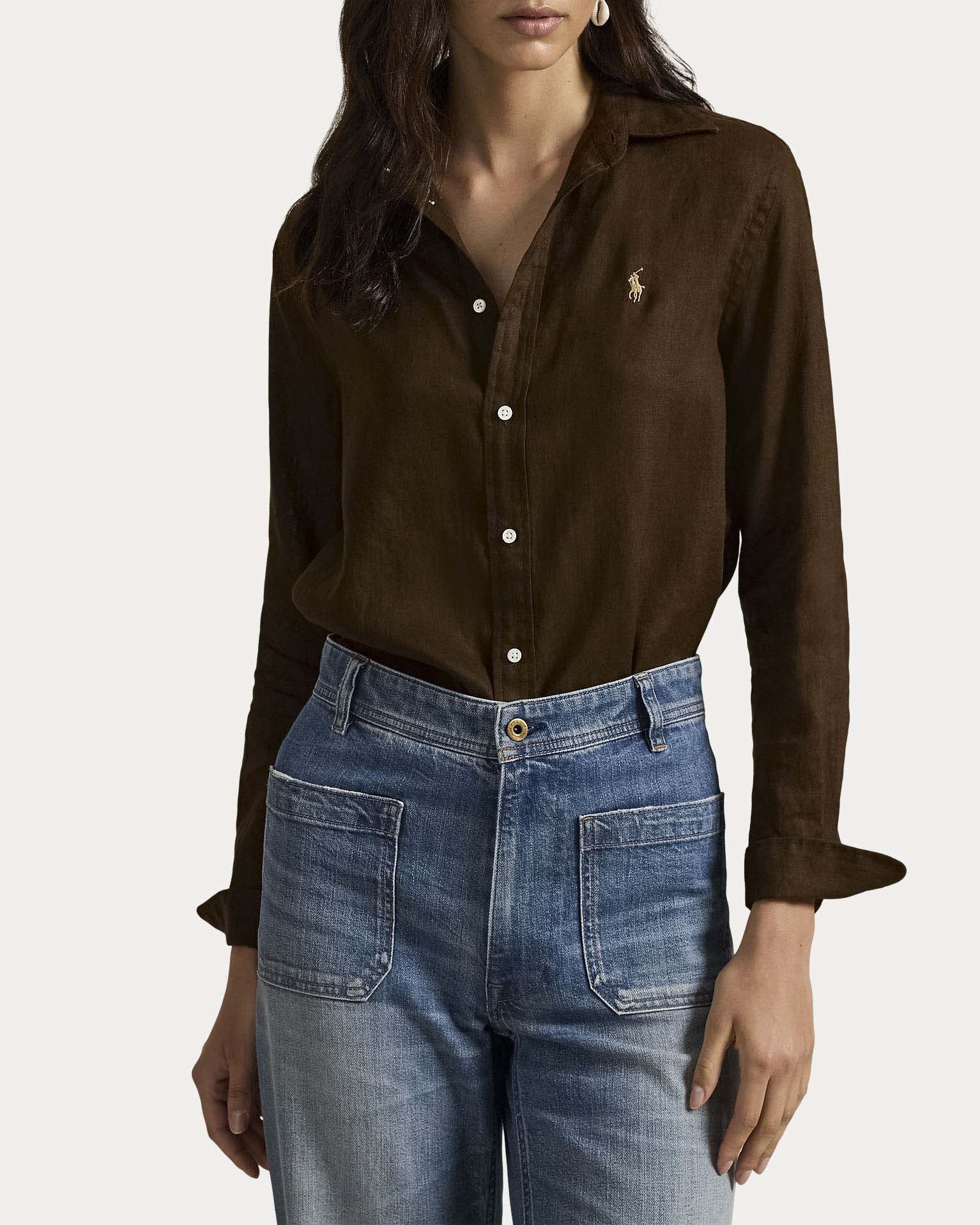 Camicia marrone Polo Ralph Lauren in lino con logo ricamato sul petto a contrasto image