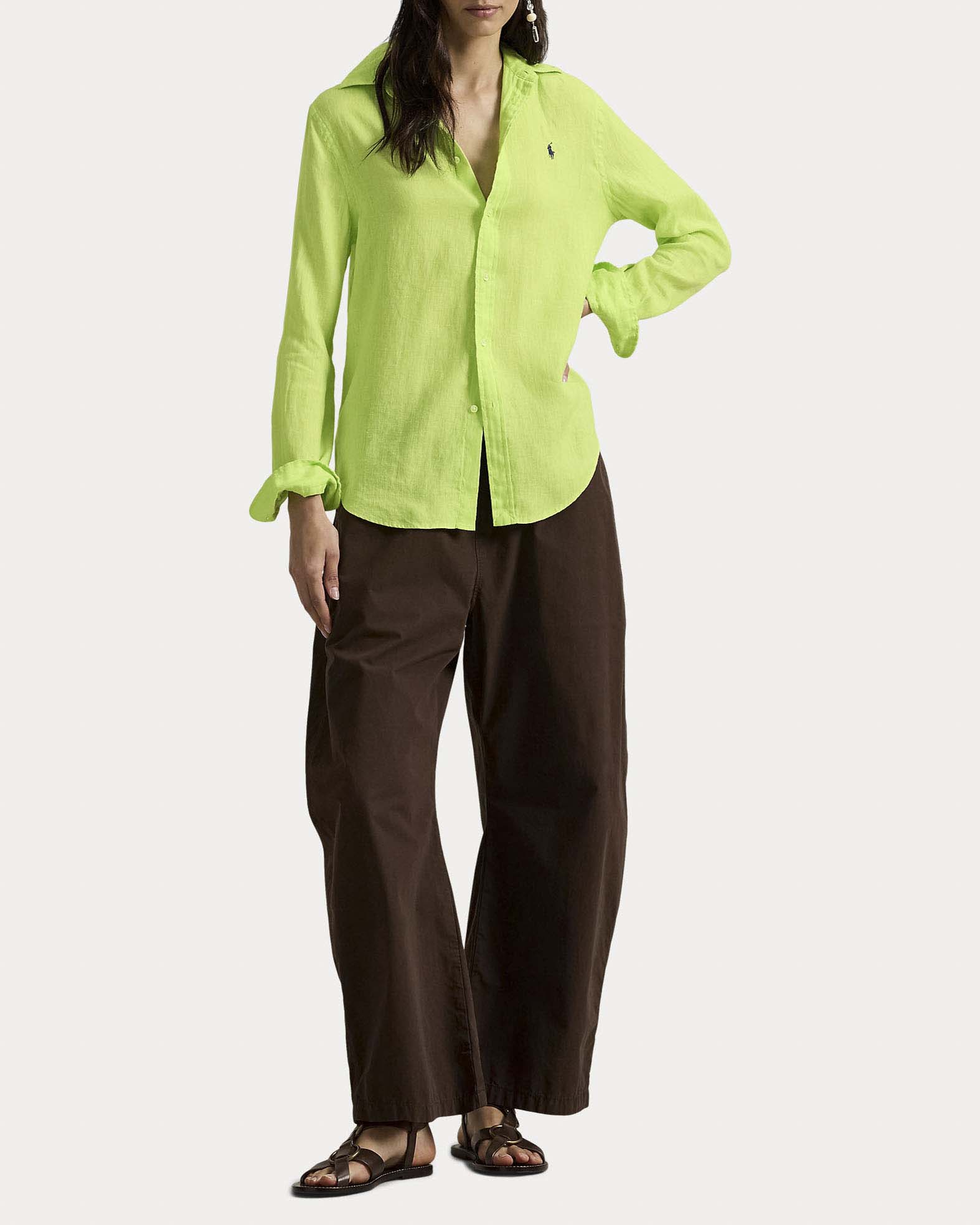 Camicia color lime Polo in lino con logo ricamato sul petto a contrasto