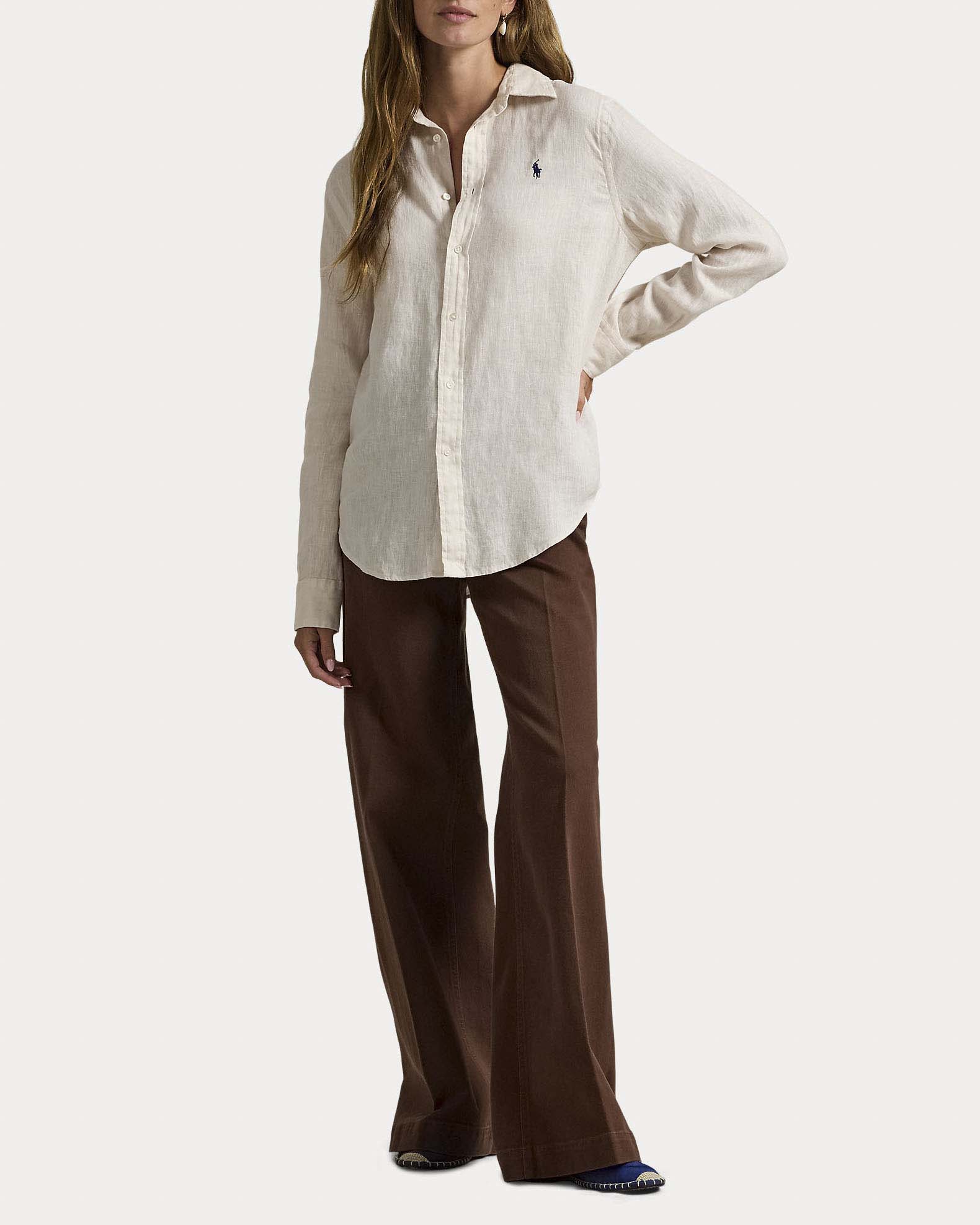 Camicia color avorio Polo Ralph Lauren in lino con logo ricamato sul petto a contrasto