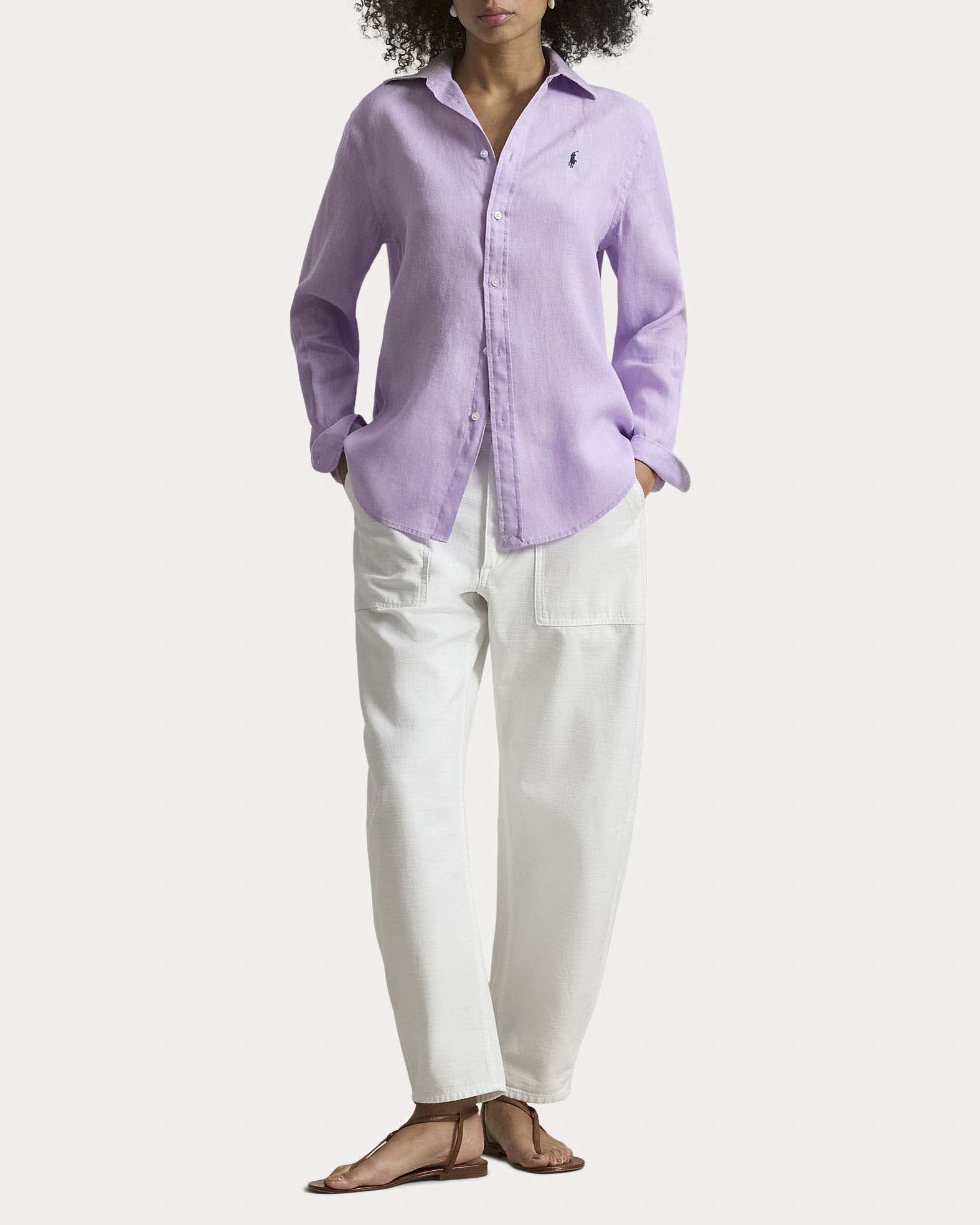 Camicia lilla Polo in lino con logo ricamato sul petto a contrasto