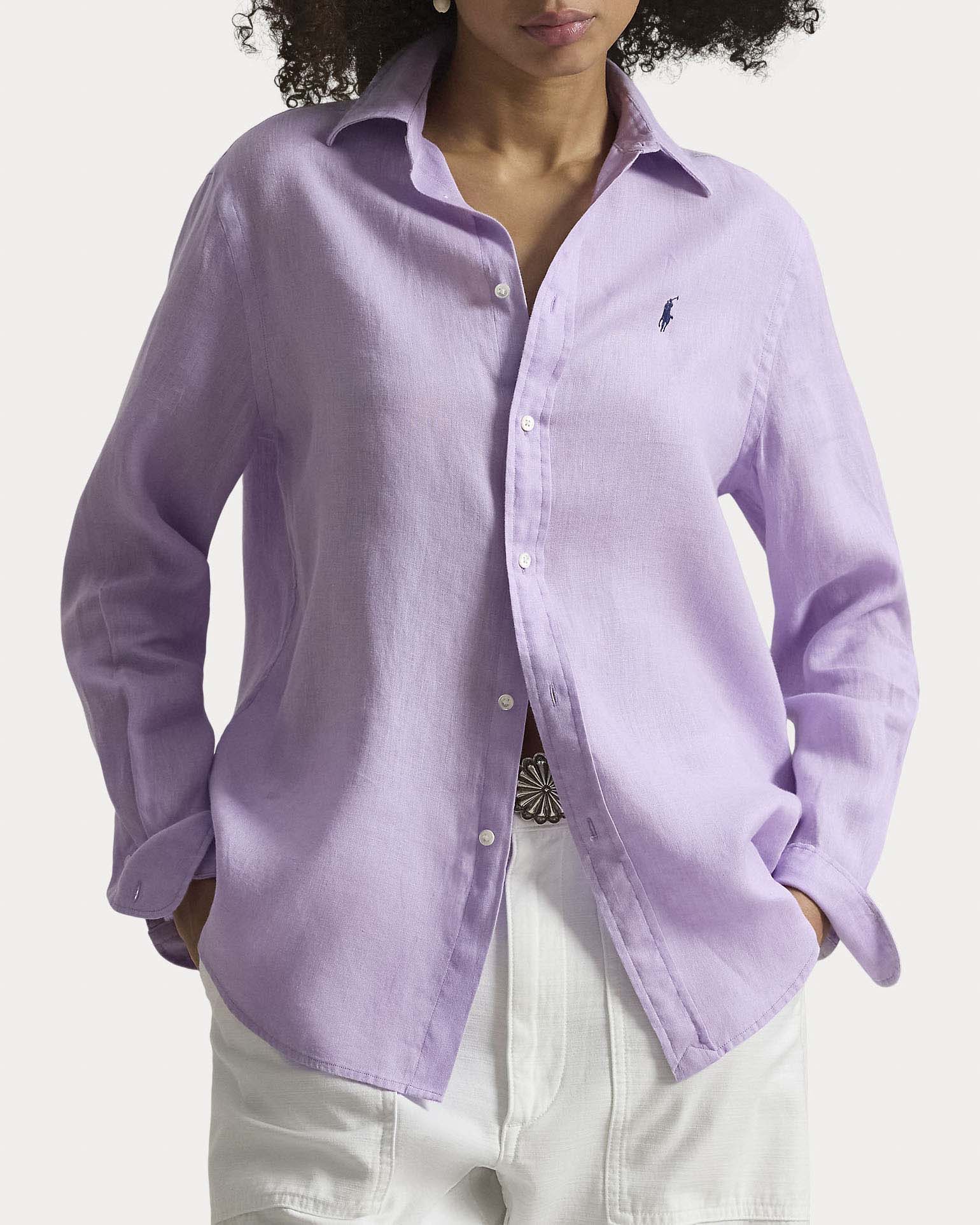 Camicia color malva Polo Ralph Lauren in lino con logo ricamato sul petto a contrasto image