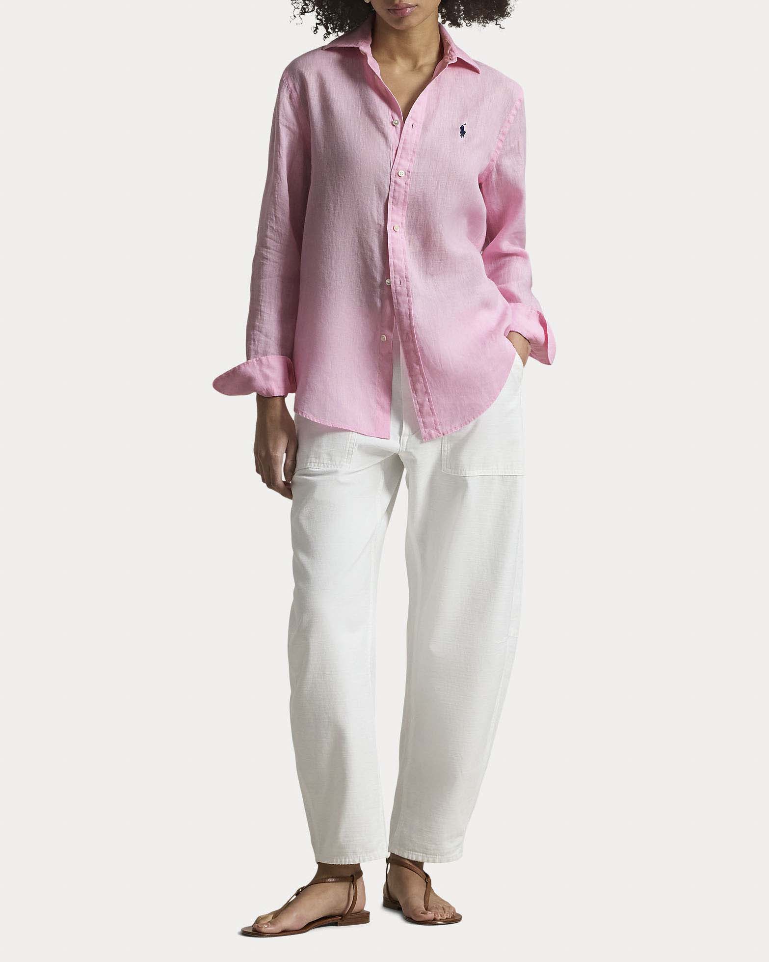 Camicia rosa Polo in lino con logo ricamato sul petto a contrasto