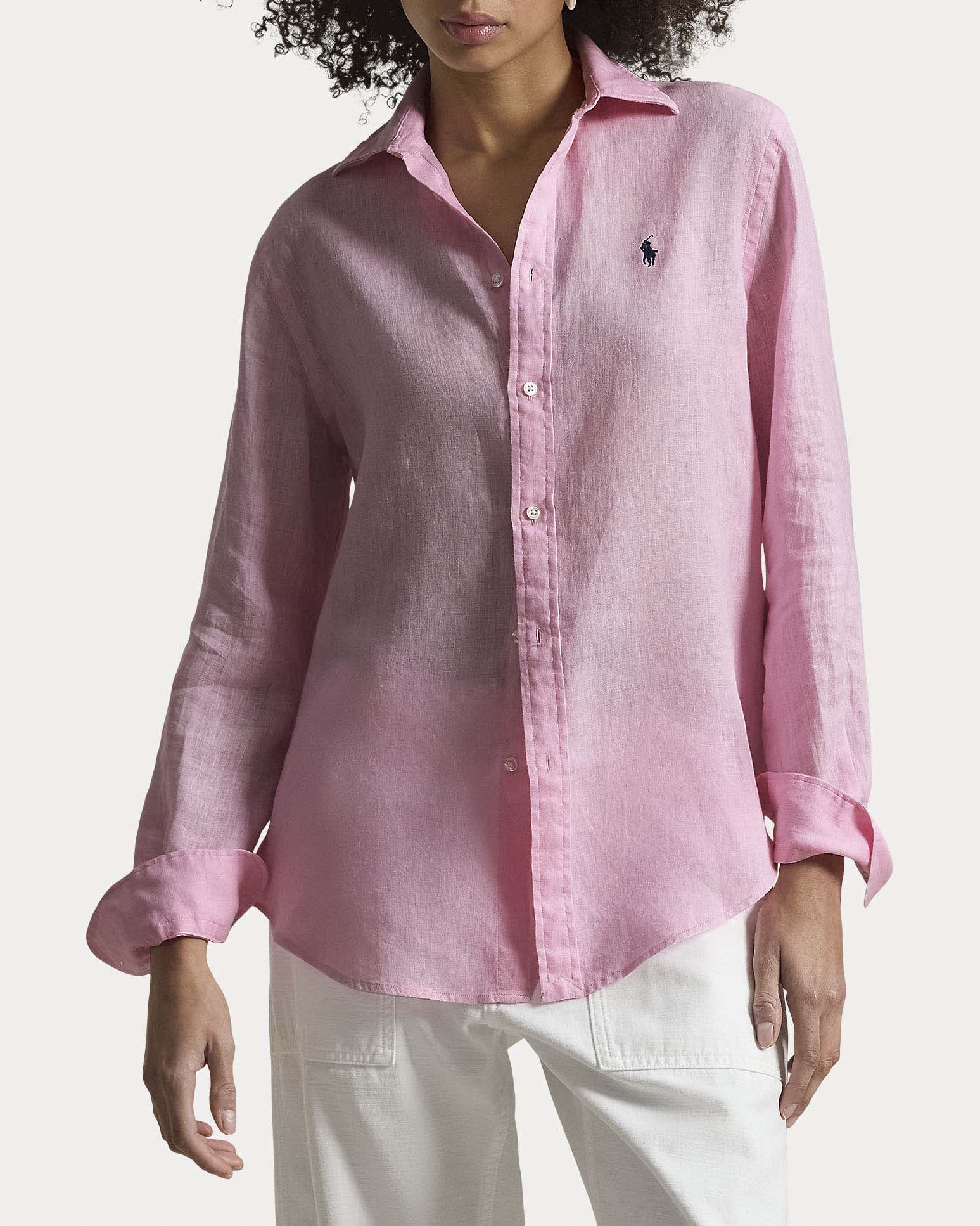 Camicia rosa Polo Ralph Lauren in lino con logo ricamato sul petto a contrasto image