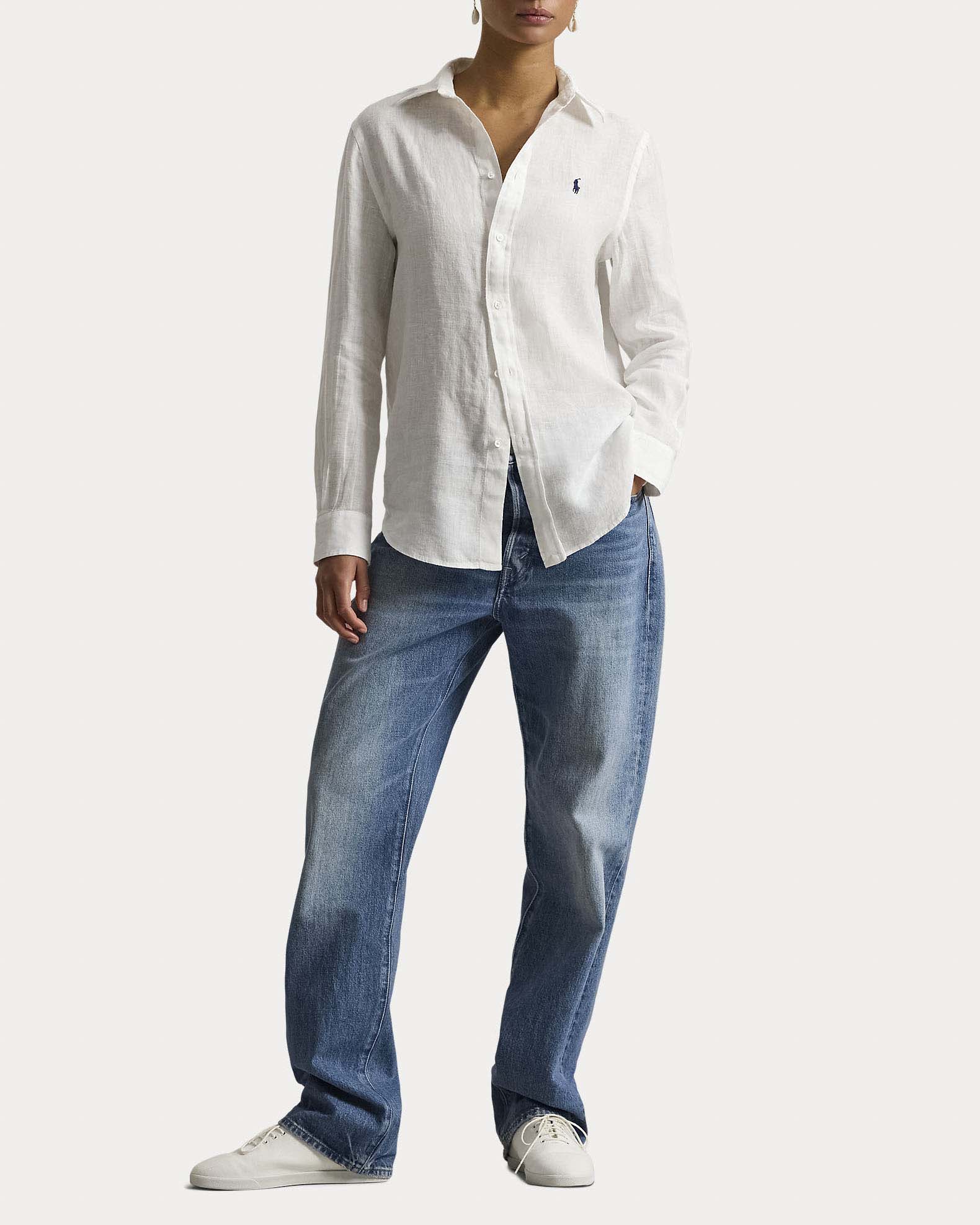 Camicia bianca Polo Ralph Lauren in lino con logo ricamato sul petto a contrasto