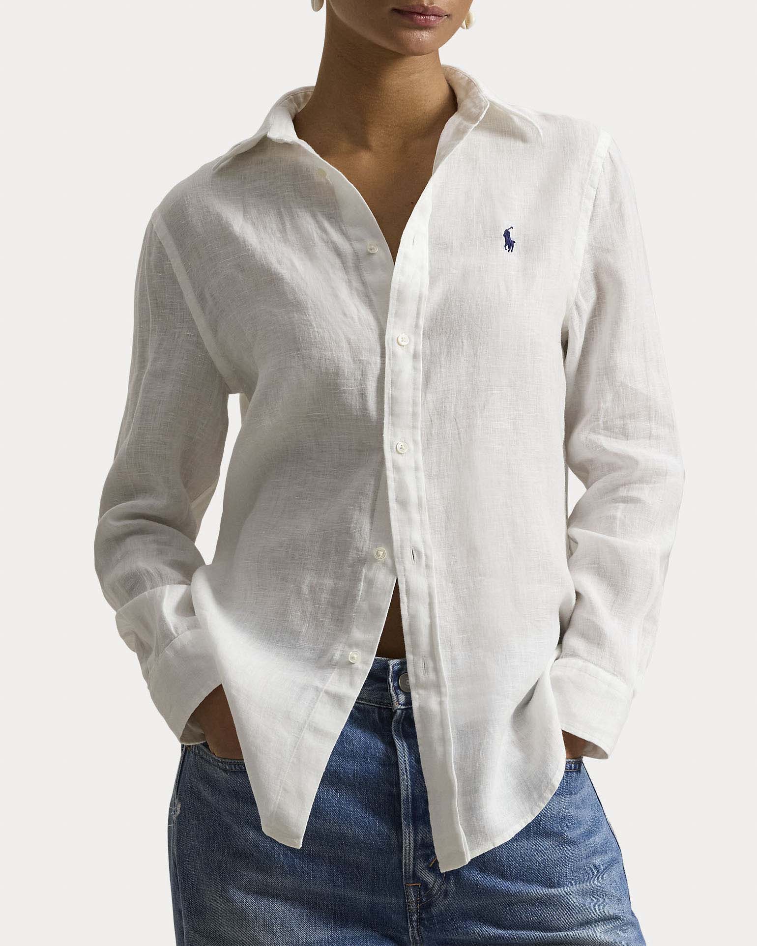 Camicia bianca Polo Ralph Lauren in lino con logo ricamato sul petto a contrasto image