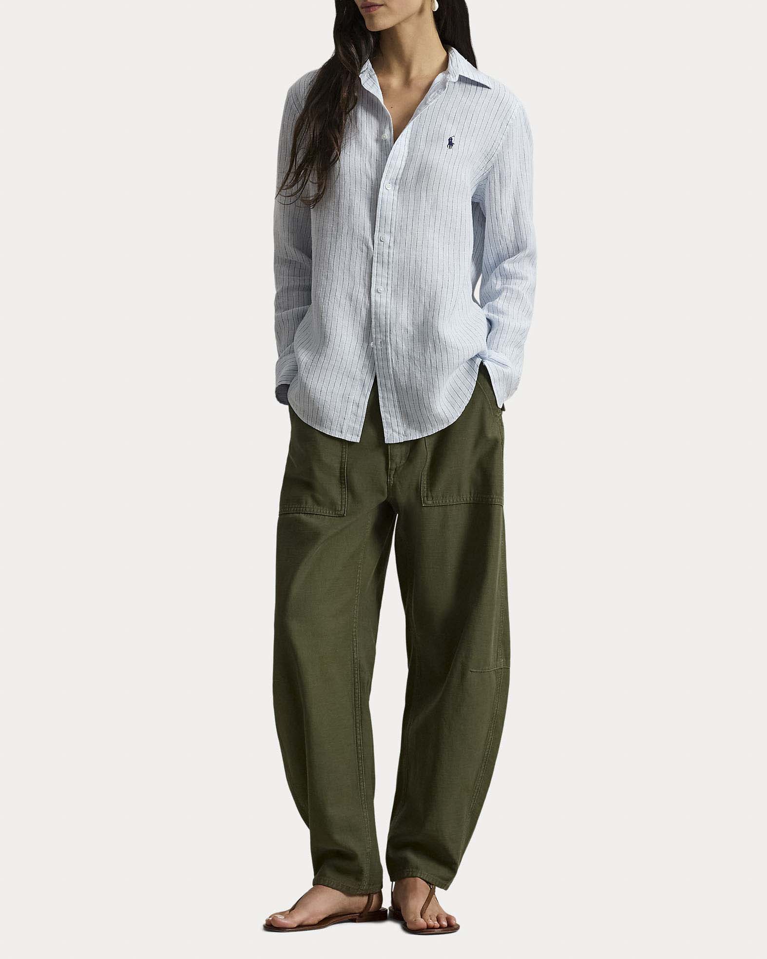 Camicia celeste a righe blu Polo in puro lino con logo ricamato sul petto a contrasto
