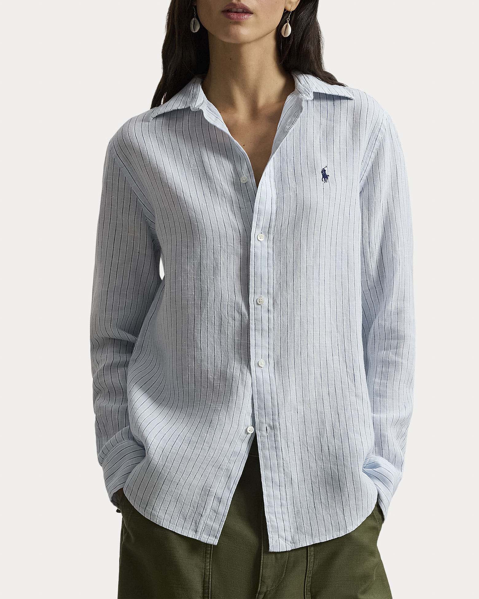 Camicia celeste a righe blu Polo Ralph Lauren in puro lino con logo ricamato sul petto a contrasto image