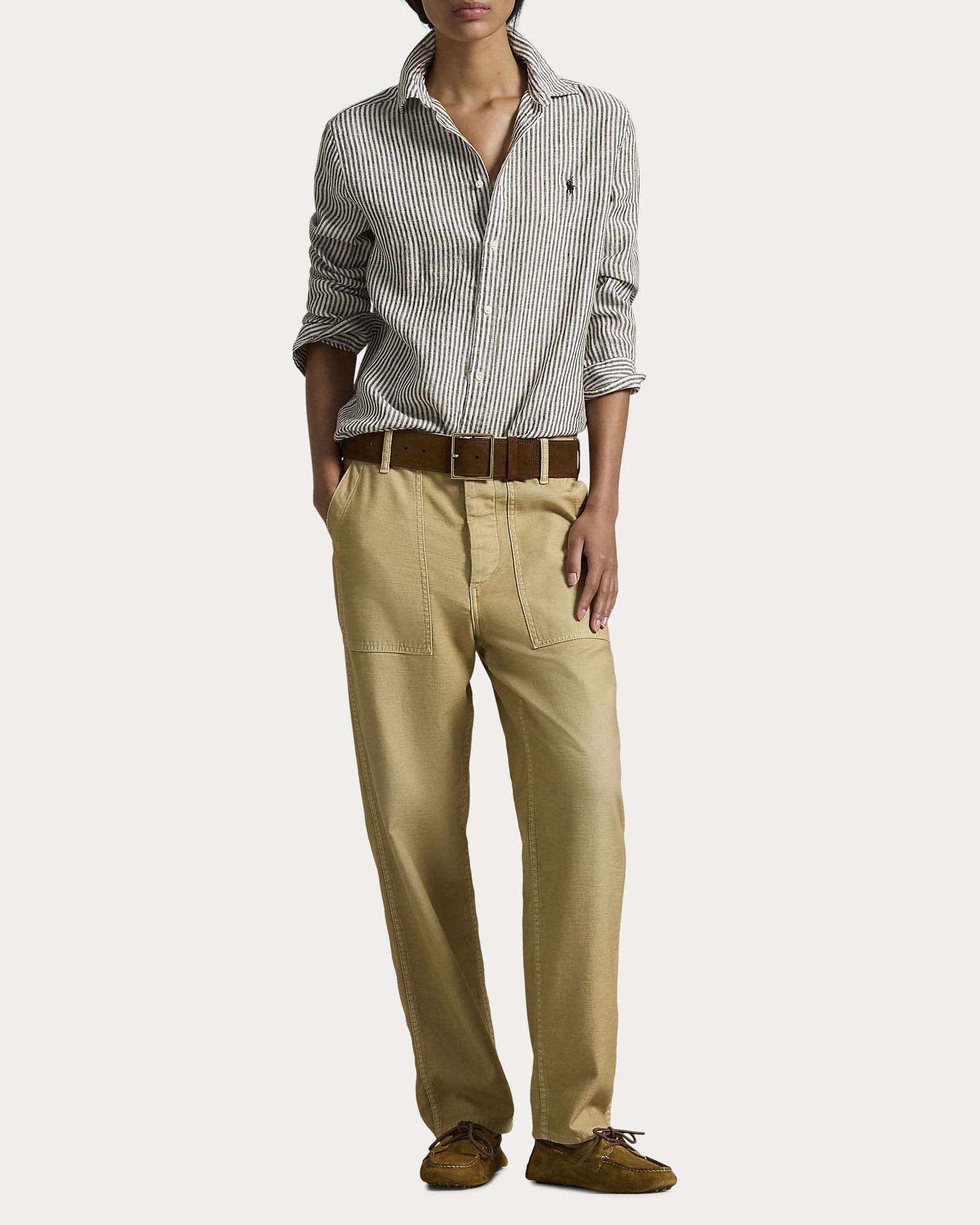 Camicia marrone a righe Polo Ralph Lauren in lino con logo ricamato sul petto a contrasto