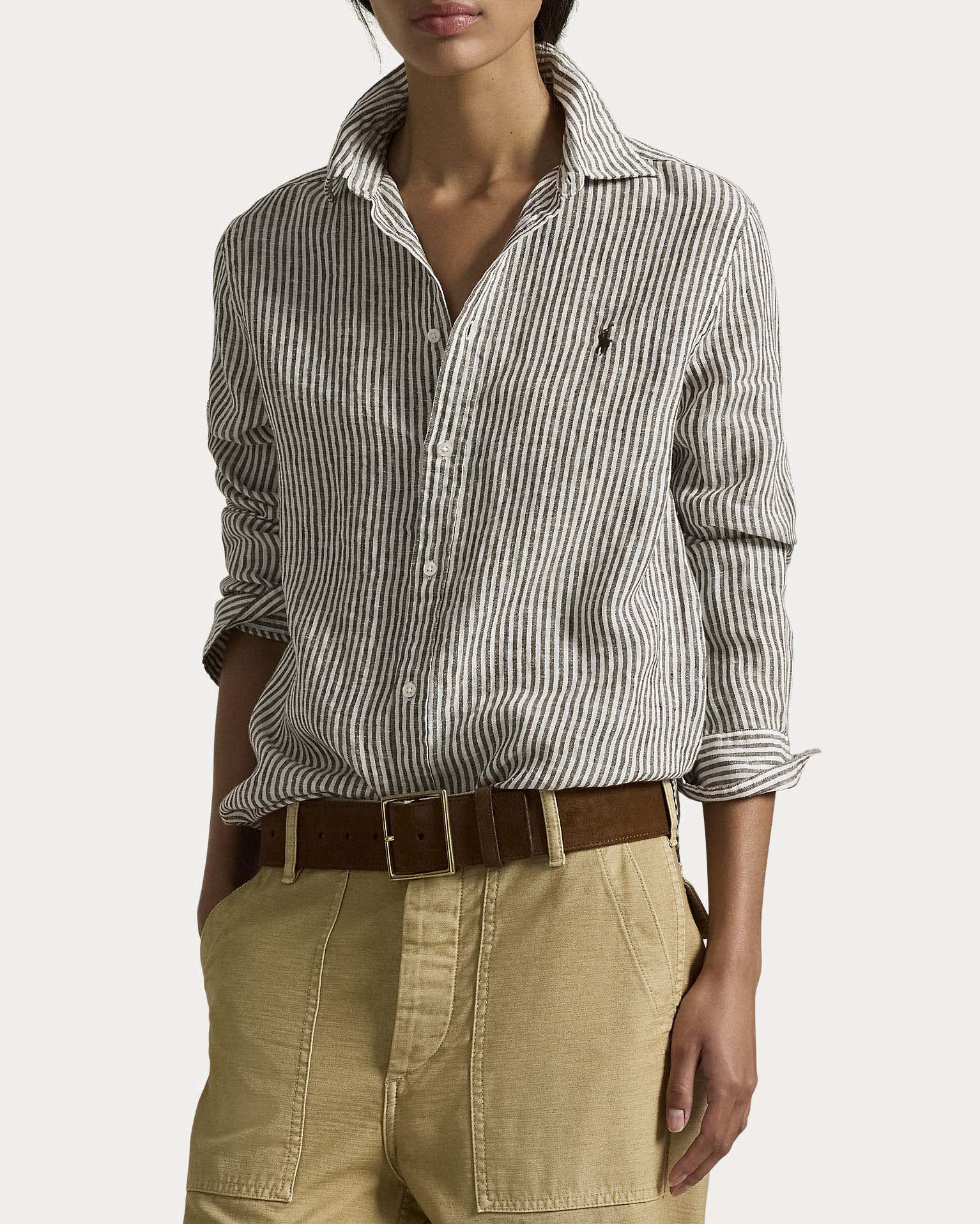 Camicia marrone a righe Polo Ralph Lauren in lino con logo ricamato sul petto a contrasto image