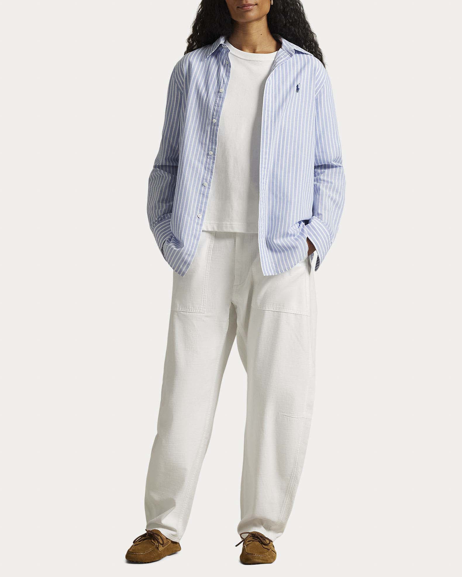 Camicia bastoncino azzurro e bianco Polo in cotone e lino con logo ricamato sul petto
