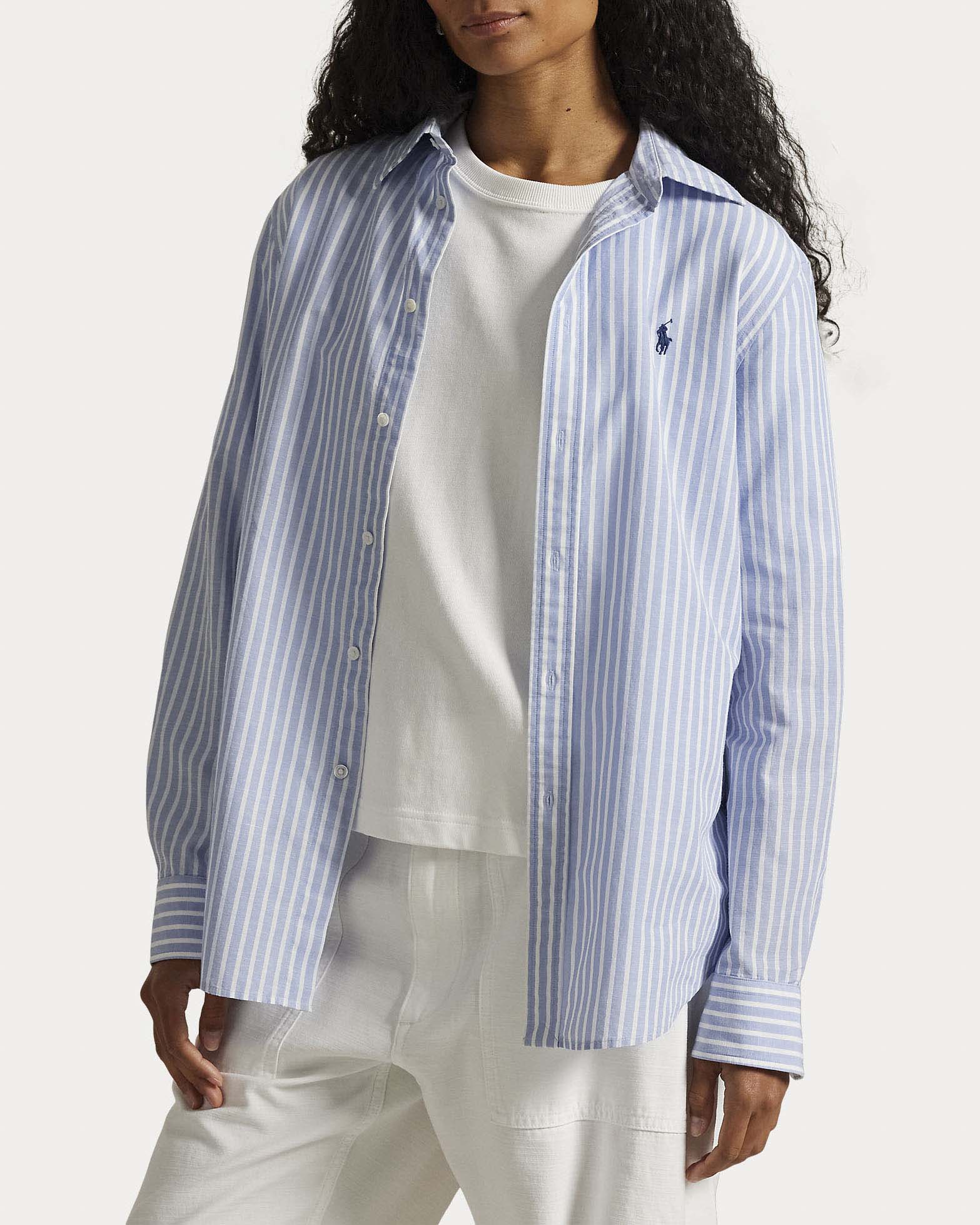 Camicia bastoncino azzurro e bianco Polo Ralph Lauren in cotone e lino con logo ricamato sul petto image