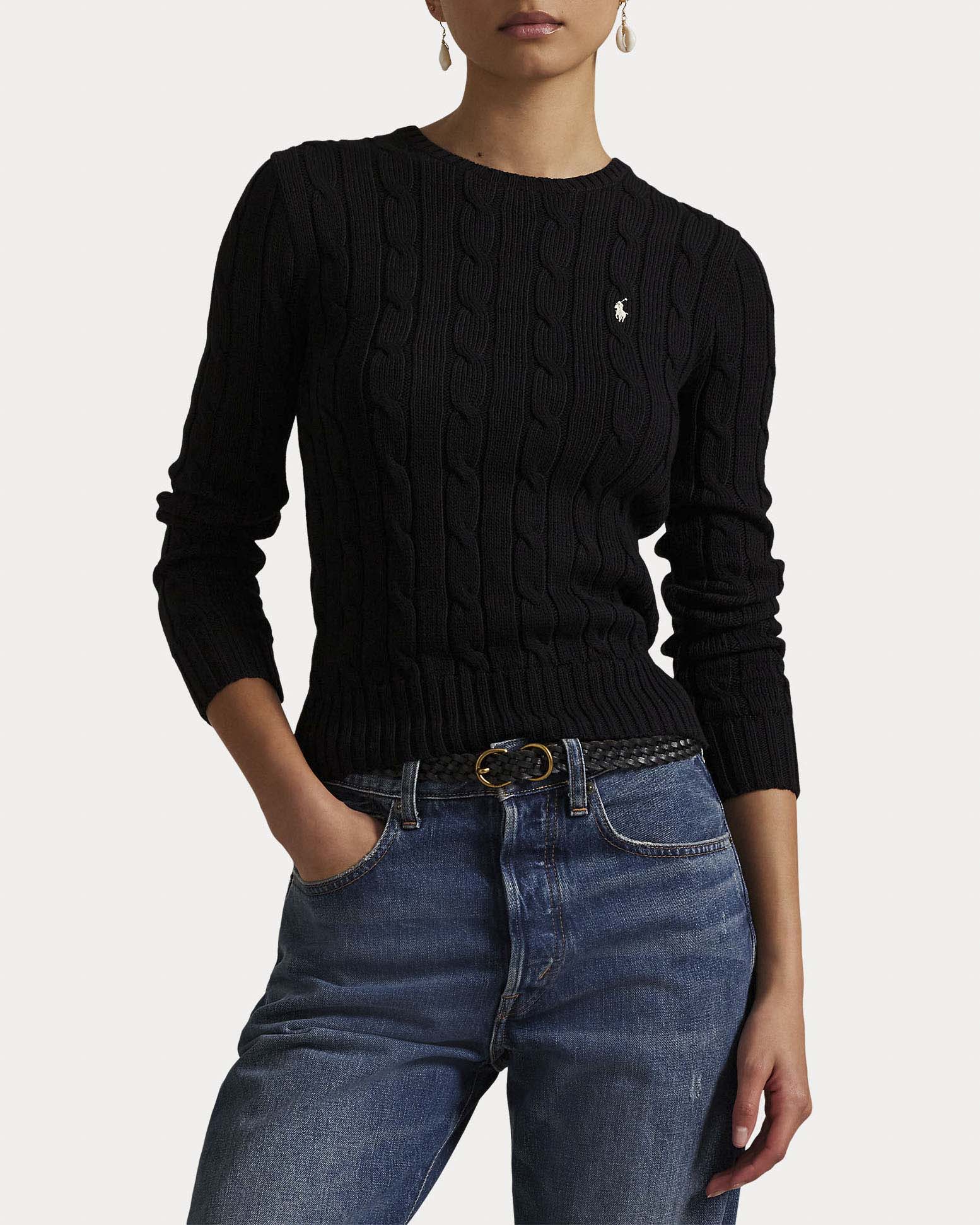 Maglioncino girocollo nero Polo Ralph Lauren in cotone pima a trecce con logo Pony ricamato image