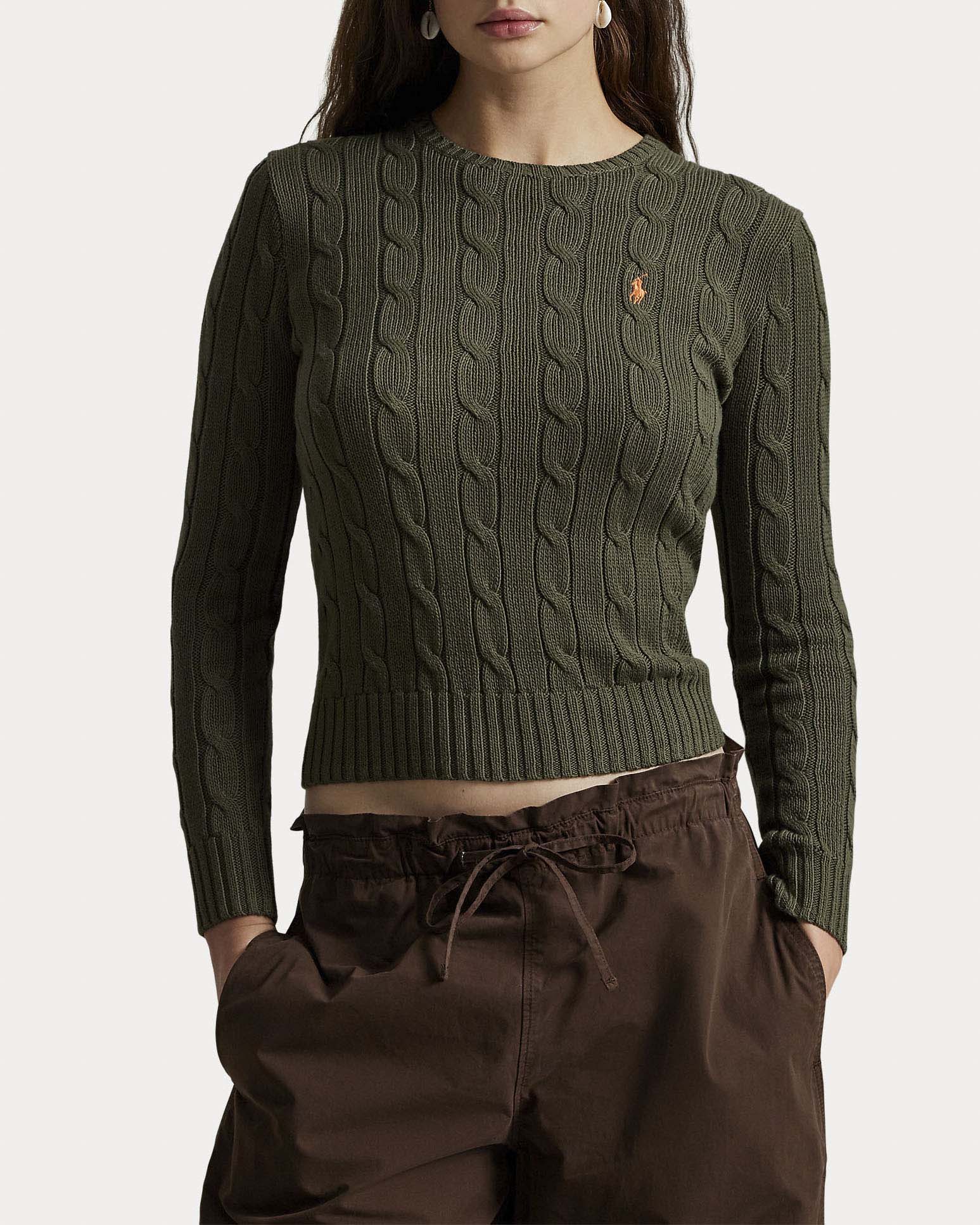 Maglioncino verde militare Polo Ralph Lauren in cotone pima a trecce girocollo e logo Pony ricamato image