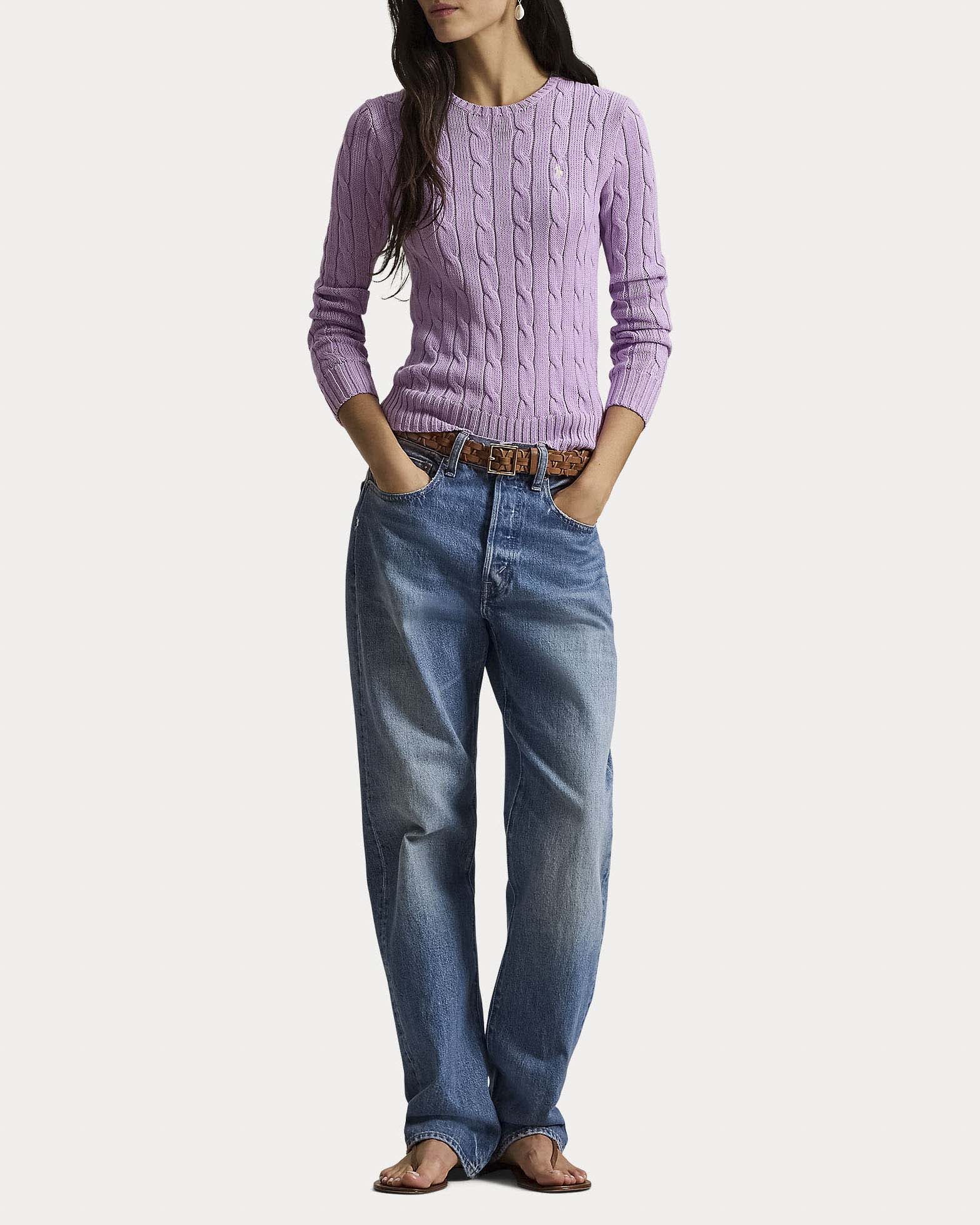 Maglioncino lilla Polo Ralph Lauren in cotone pima a trecce girocollo e logo Pony ricamato