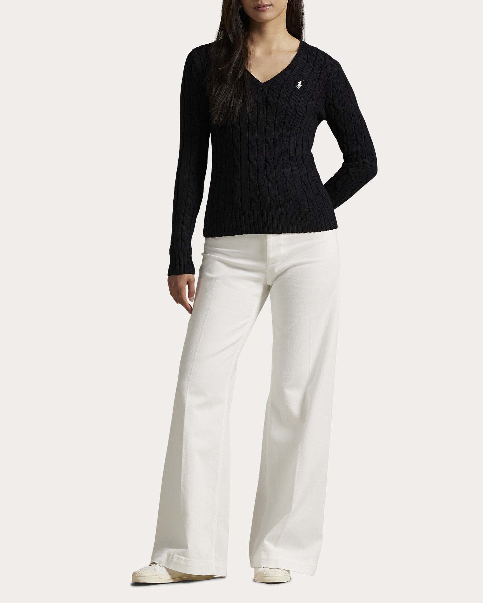 Maglioncino nero Polo Ralph Lauren in cotone pima a trecce con scollo a V e logo Pony ricamato