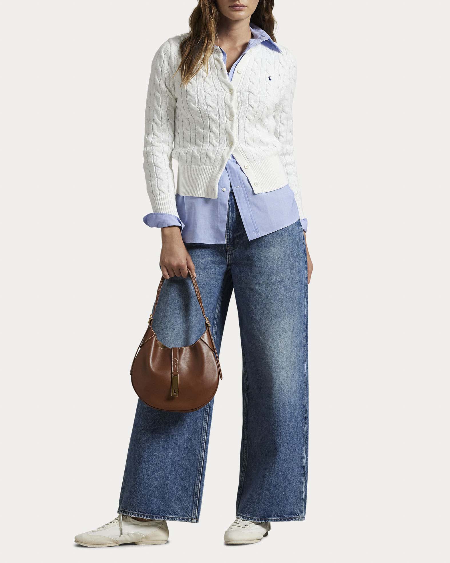 Cardigan bianco Polo Ralph Lauren in puro cotone a trecce con logo Pony ricamato