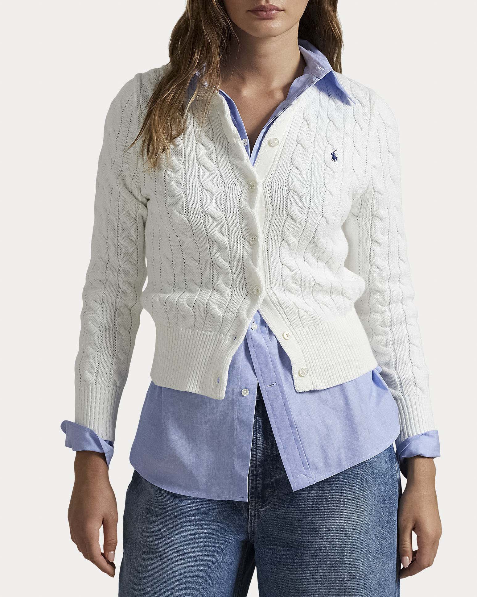 Cardigan bianco Polo Ralph Lauren in puro cotone a trecce con logo Pony ricamato image