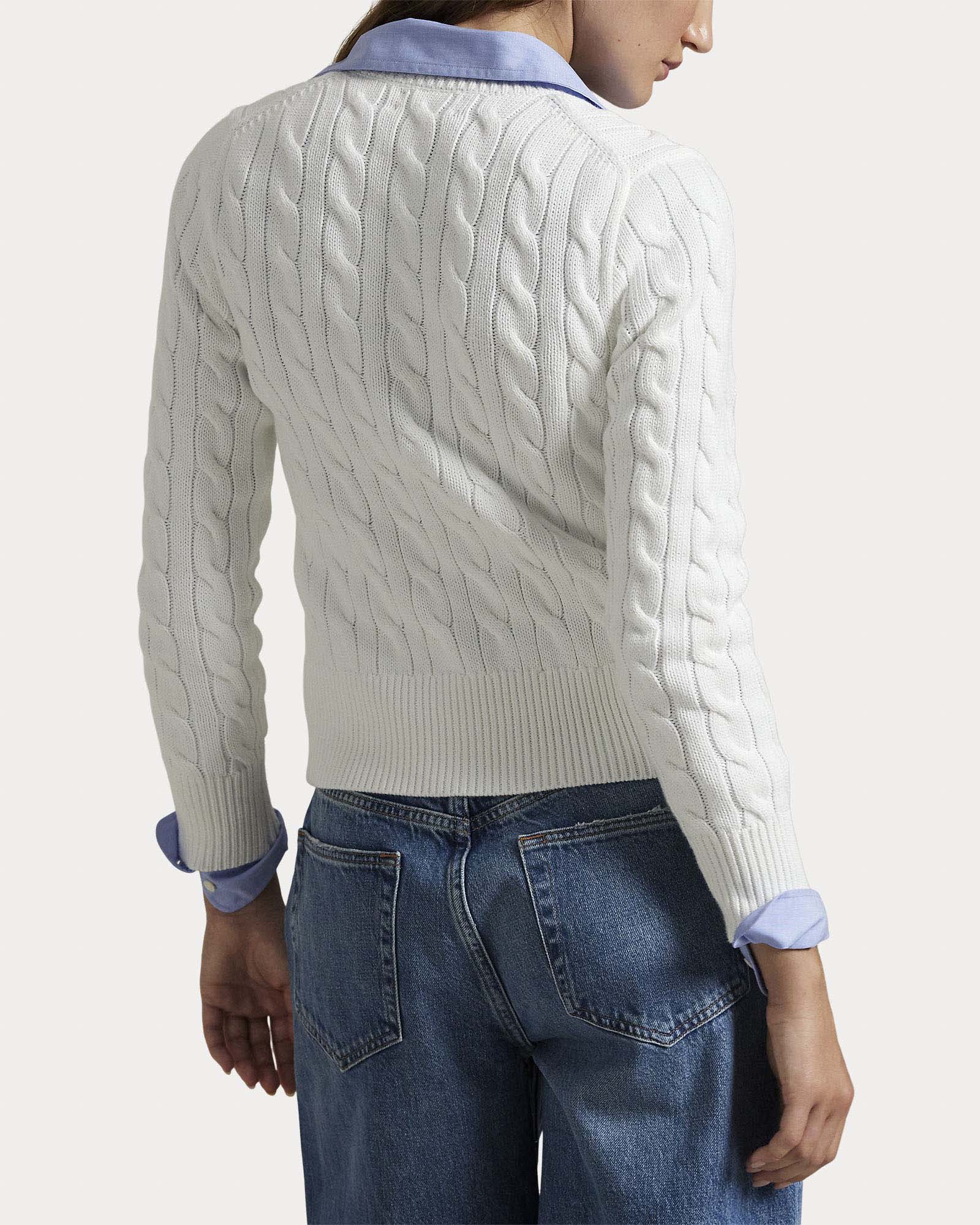 Cardigan bianco Polo Ralph Lauren in puro cotone a trecce con logo Pony ricamato