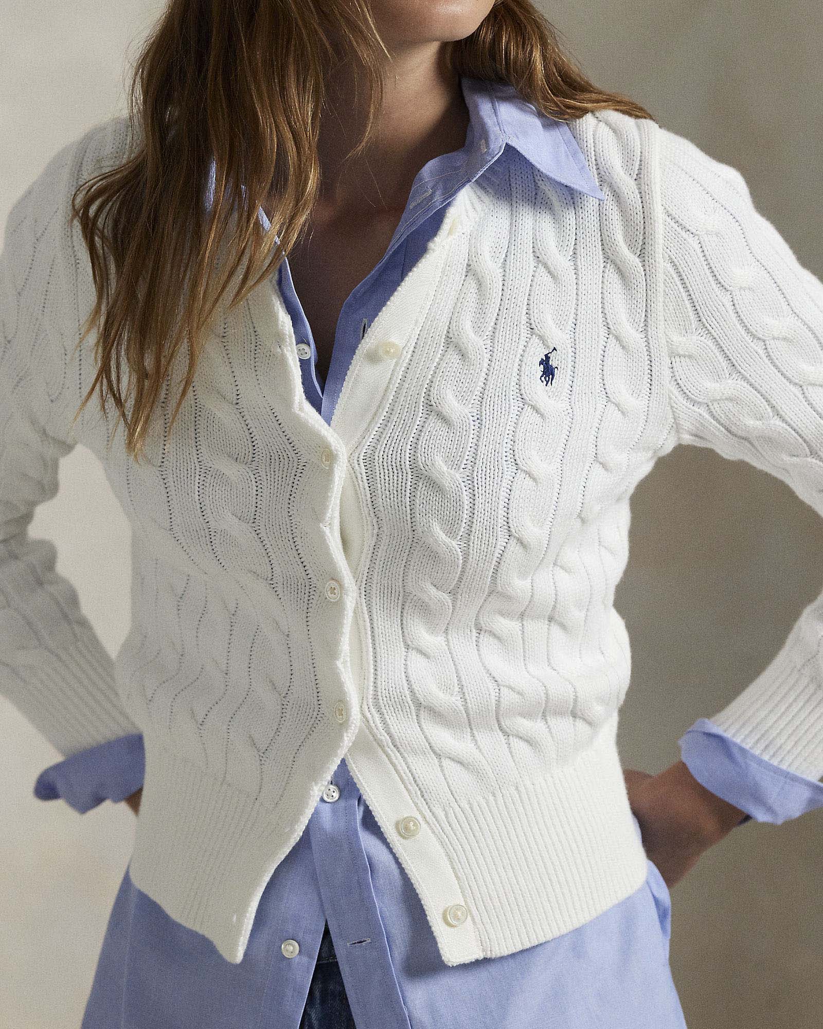 Cardigan bianco Polo Ralph Lauren in puro cotone a trecce con logo Pony ricamato