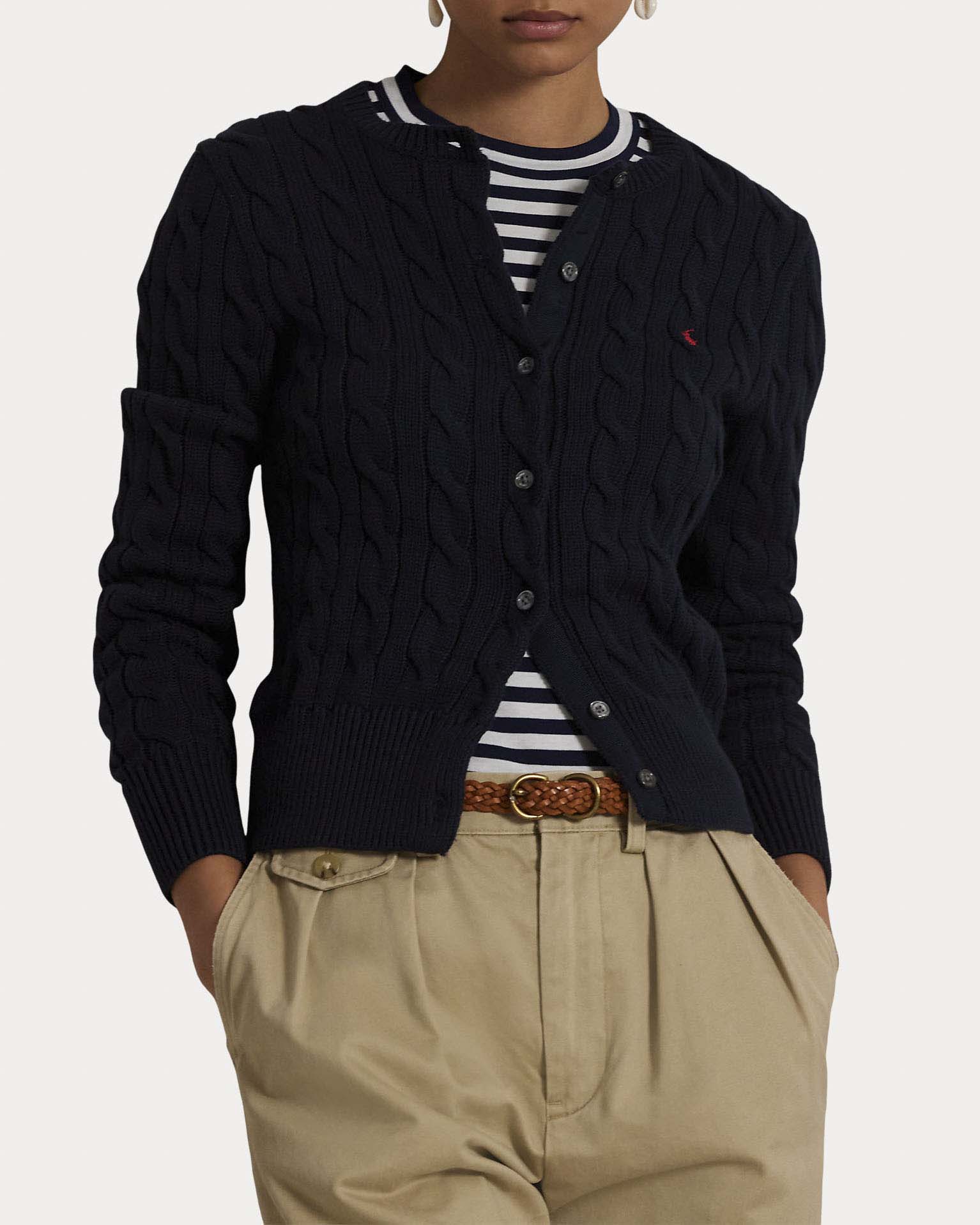 Cardigan blu navy Polo Ralph Lauren in puro cotone a trecce con logo Pony ricamato image