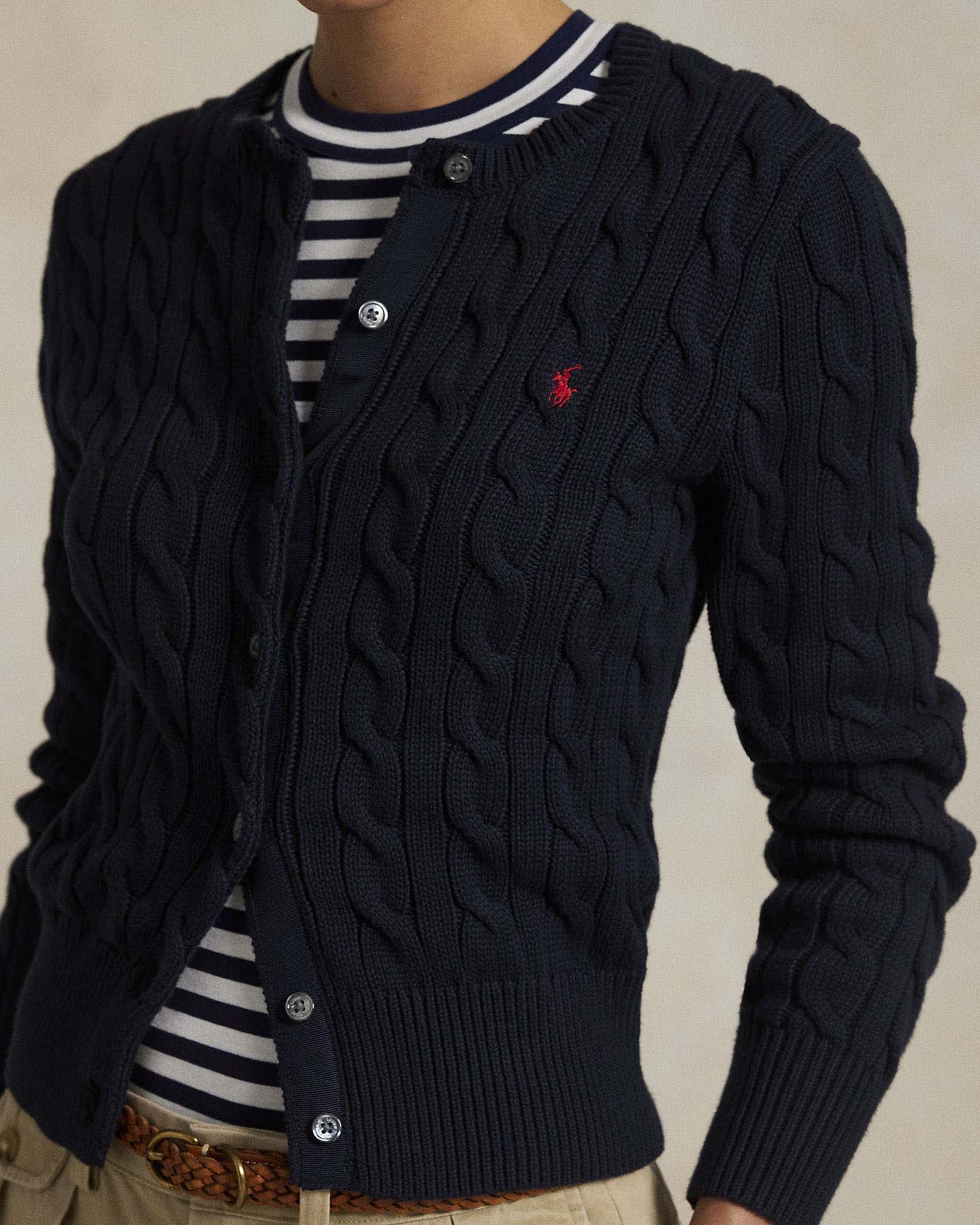 Cardigan blu navy Polo Ralph Lauren in puro cotone a trecce con logo Pony ricamato