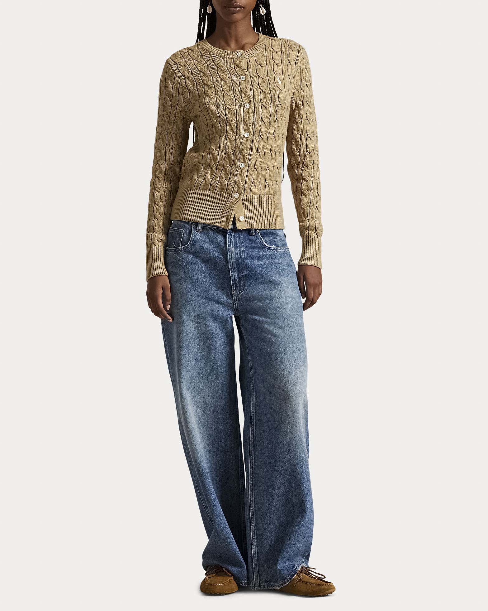 Cardigan color cammello Polo Ralph Lauren in puro cotone a trecce con logo Pony ricamato