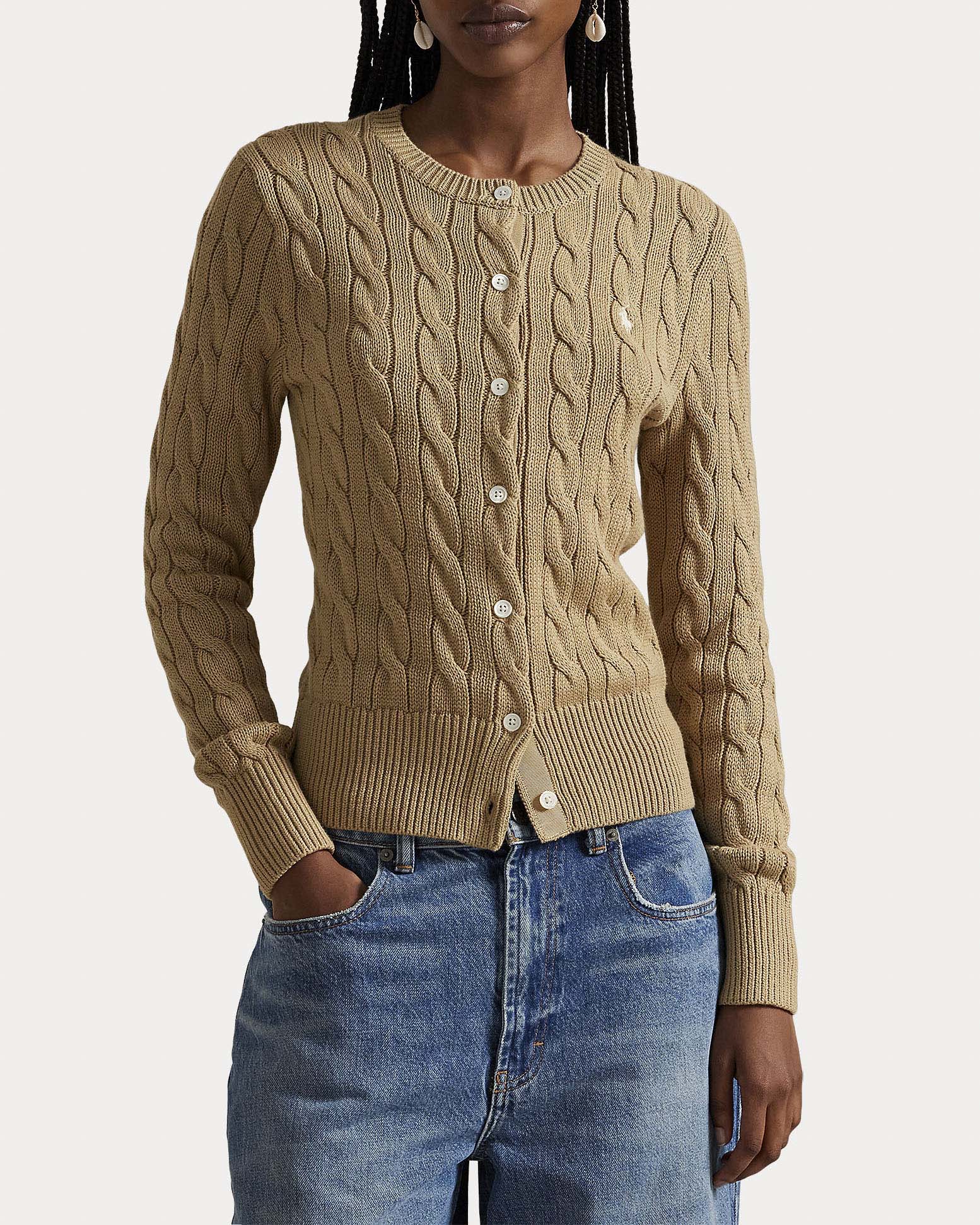 Cardigan color cammello Polo Ralph Lauren in puro cotone a trecce con logo Pony ricamato image