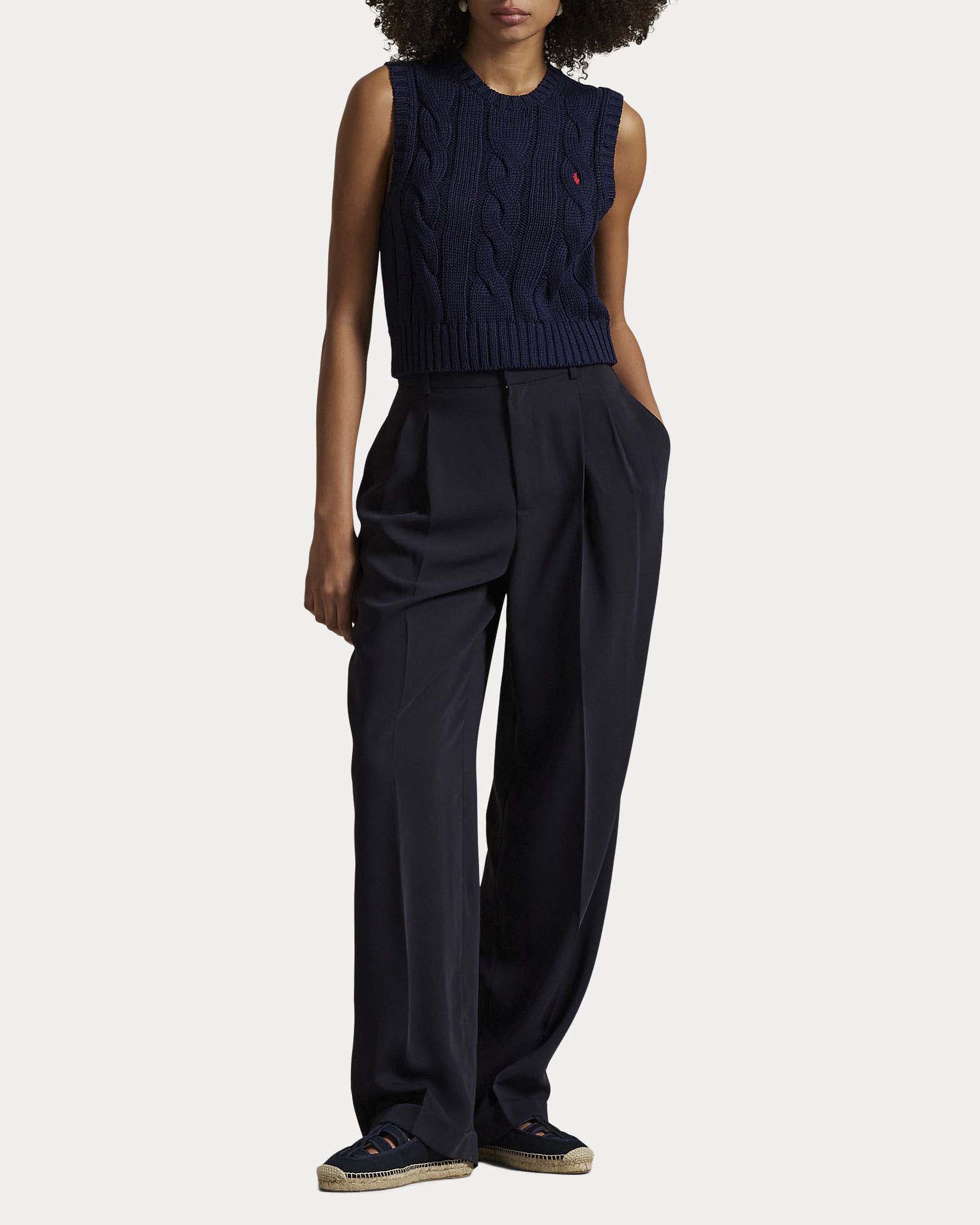 Gilet blu navy Polo in cotone a trecce con scollo a giro e logo Pony ricamato