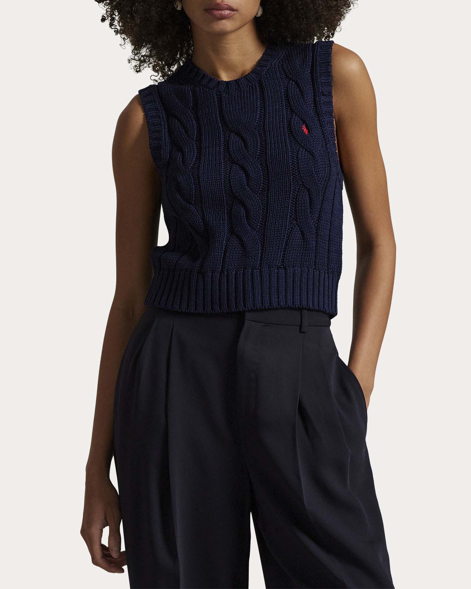 Gilet blu navy Polo Ralph Lauren in cotone a trecce con scollo a giro e logo Pony ricamato image