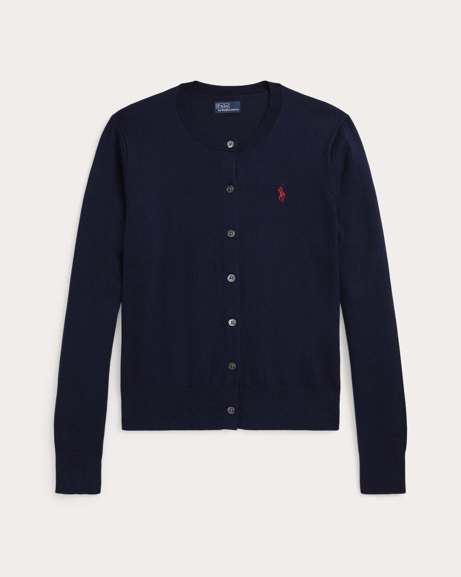 Cardigan blu navy Polo in cotone pima elasticizzato con logo Pony ricamato