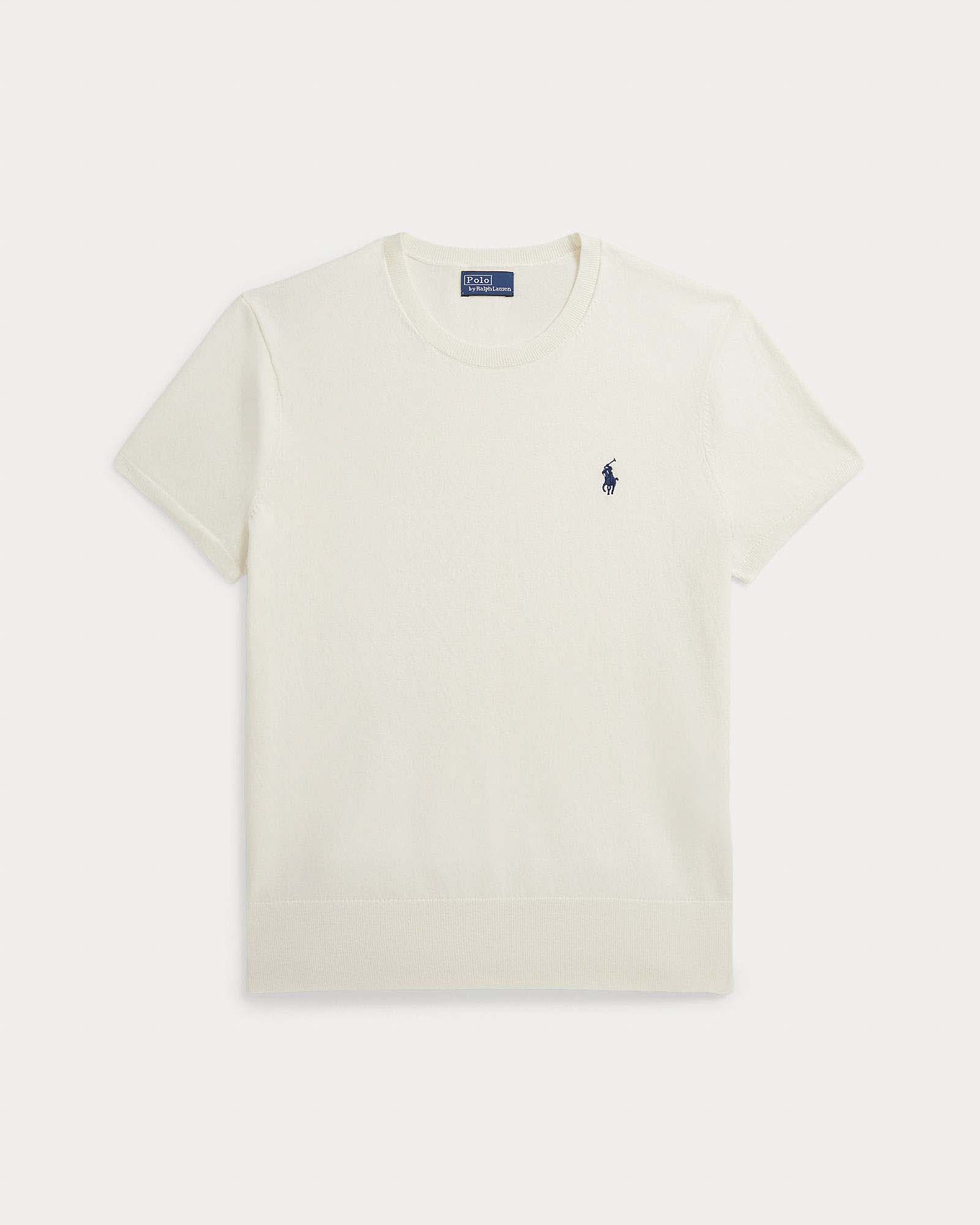 Maglia mezza manica color avorio Polo Ralph Lauren in cotone pima con logo Pony ricamato